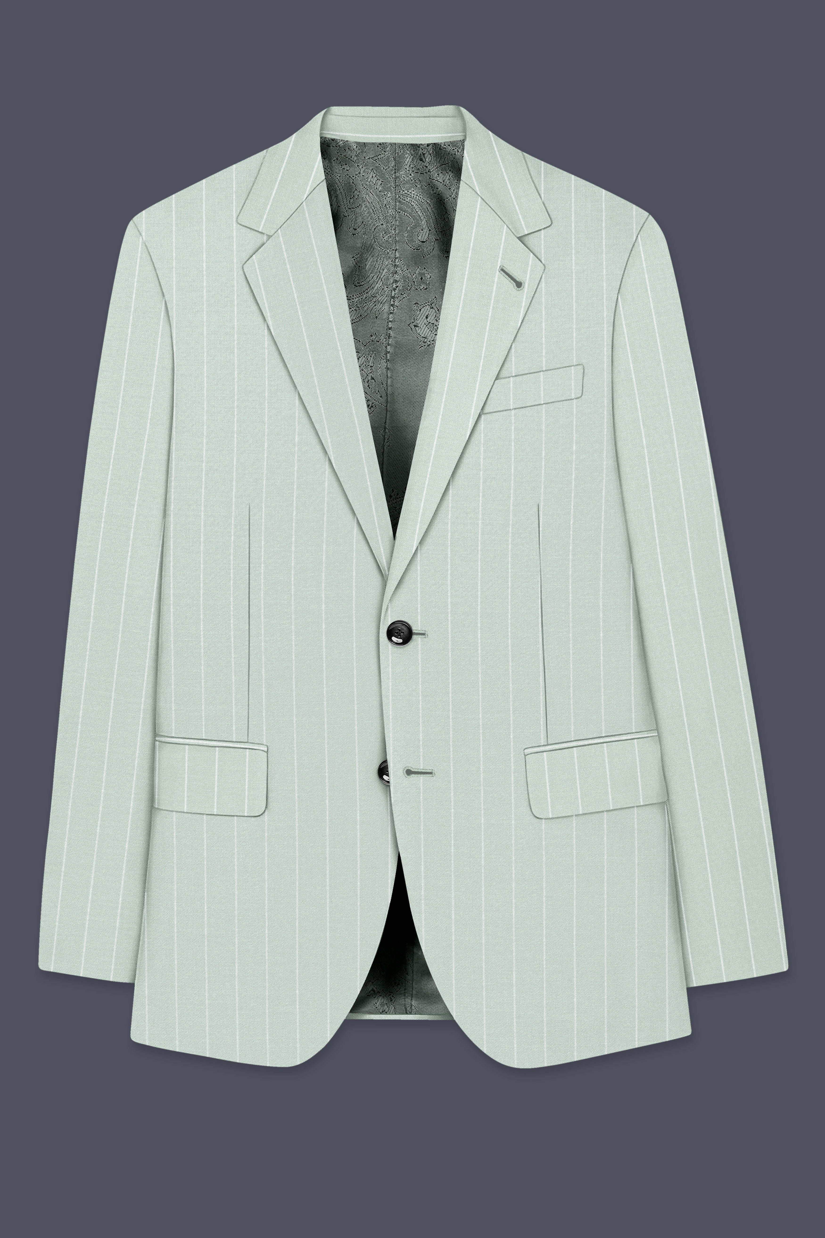 Halcyon-Pale Leaf Green And Bright White Chalk Striped Wool Rich Slight Stretch Single Breasted Suit