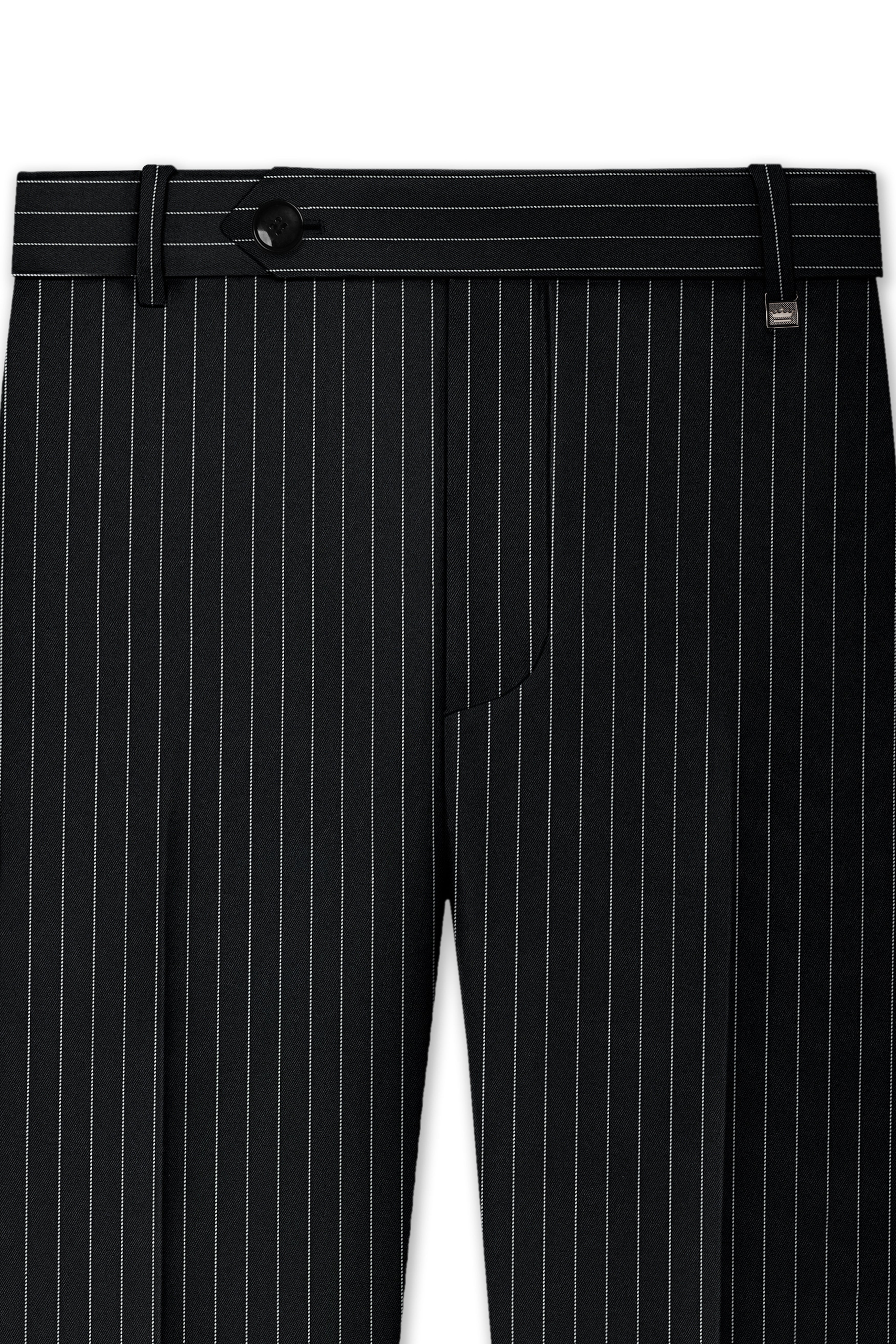 Strivon-Jade Black And Bright White Chalk Striped Wool Rich Slight Stretch Double Breasted Suit