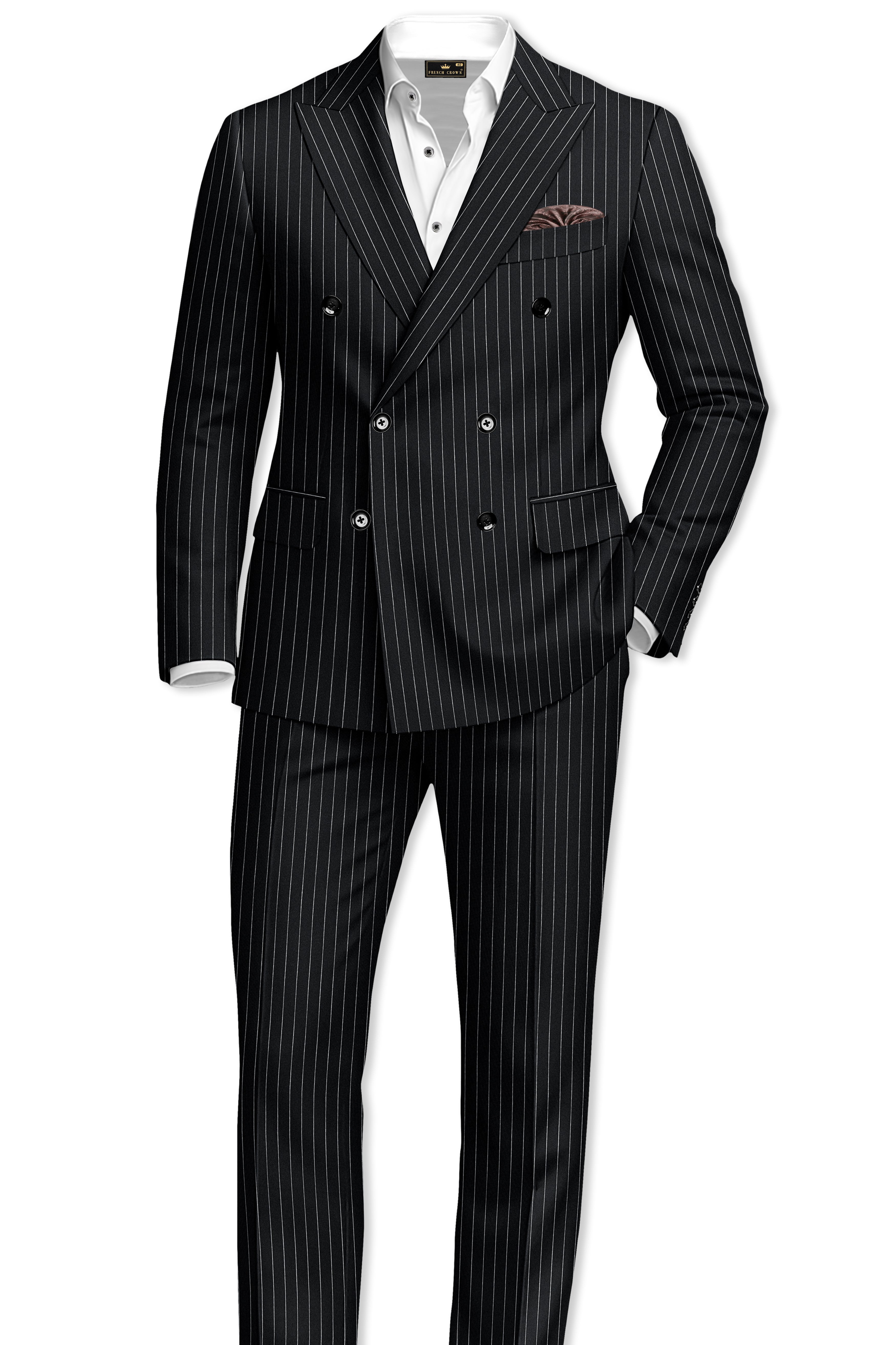Strivon-Jade Black And Bright White Chalk Striped Wool Rich Slight Stretch Double Breasted Suit