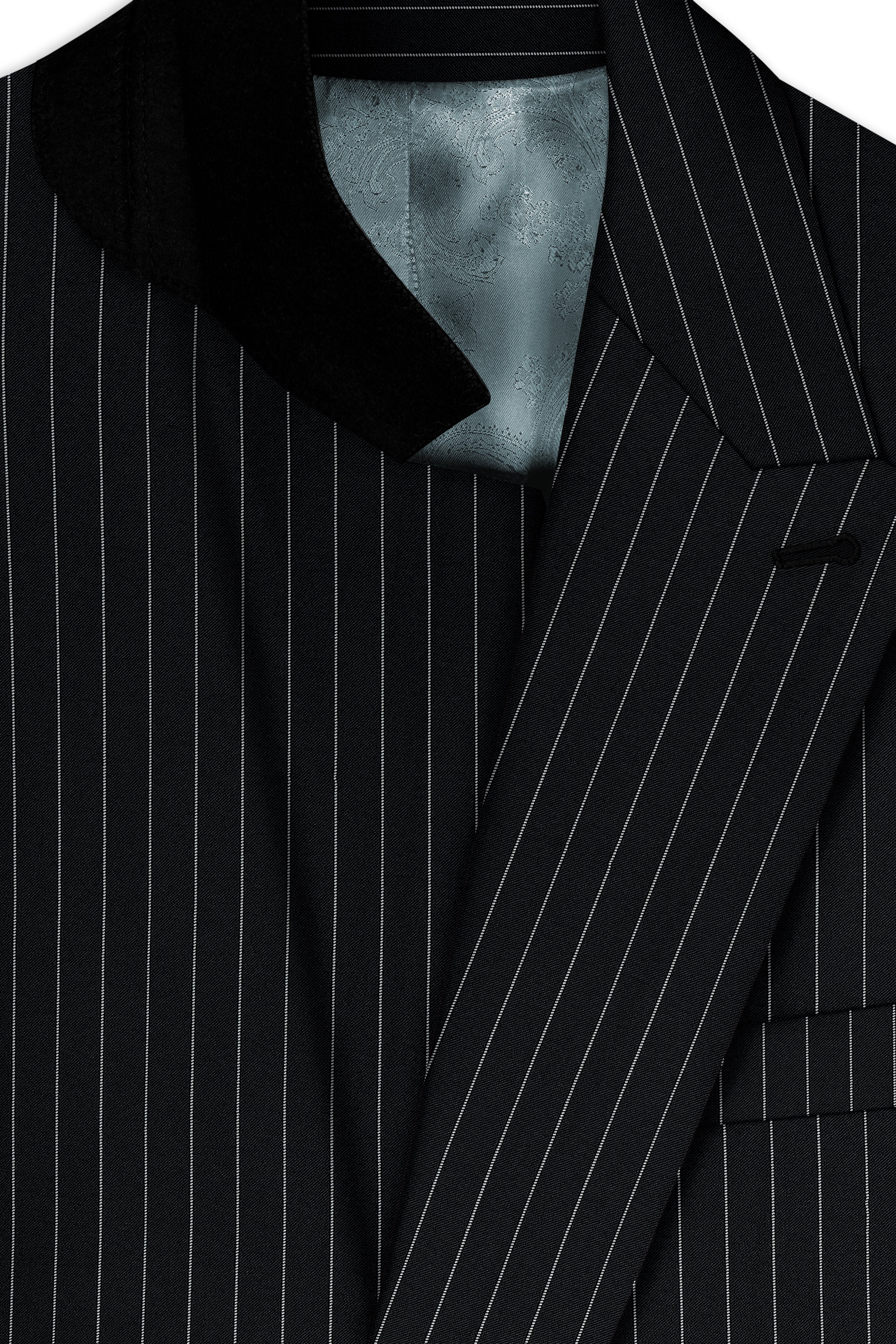 Strivon-Jade Black And Bright White Chalk Striped Wool Rich Slight Stretch Double Breasted Suit