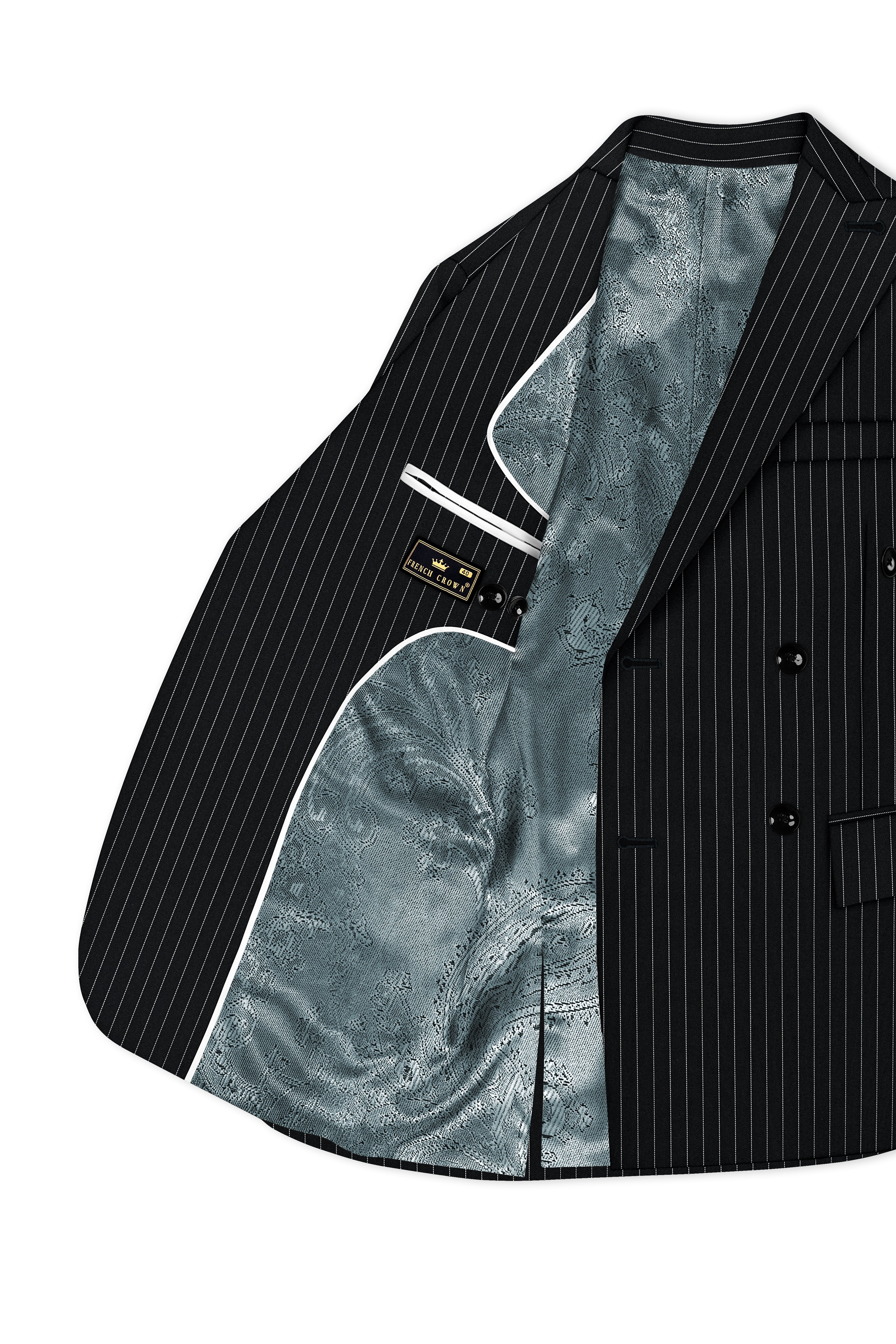 Strivon-Jade Black And Bright White Chalk Striped Wool Rich Slight Stretch Double Breasted Suit