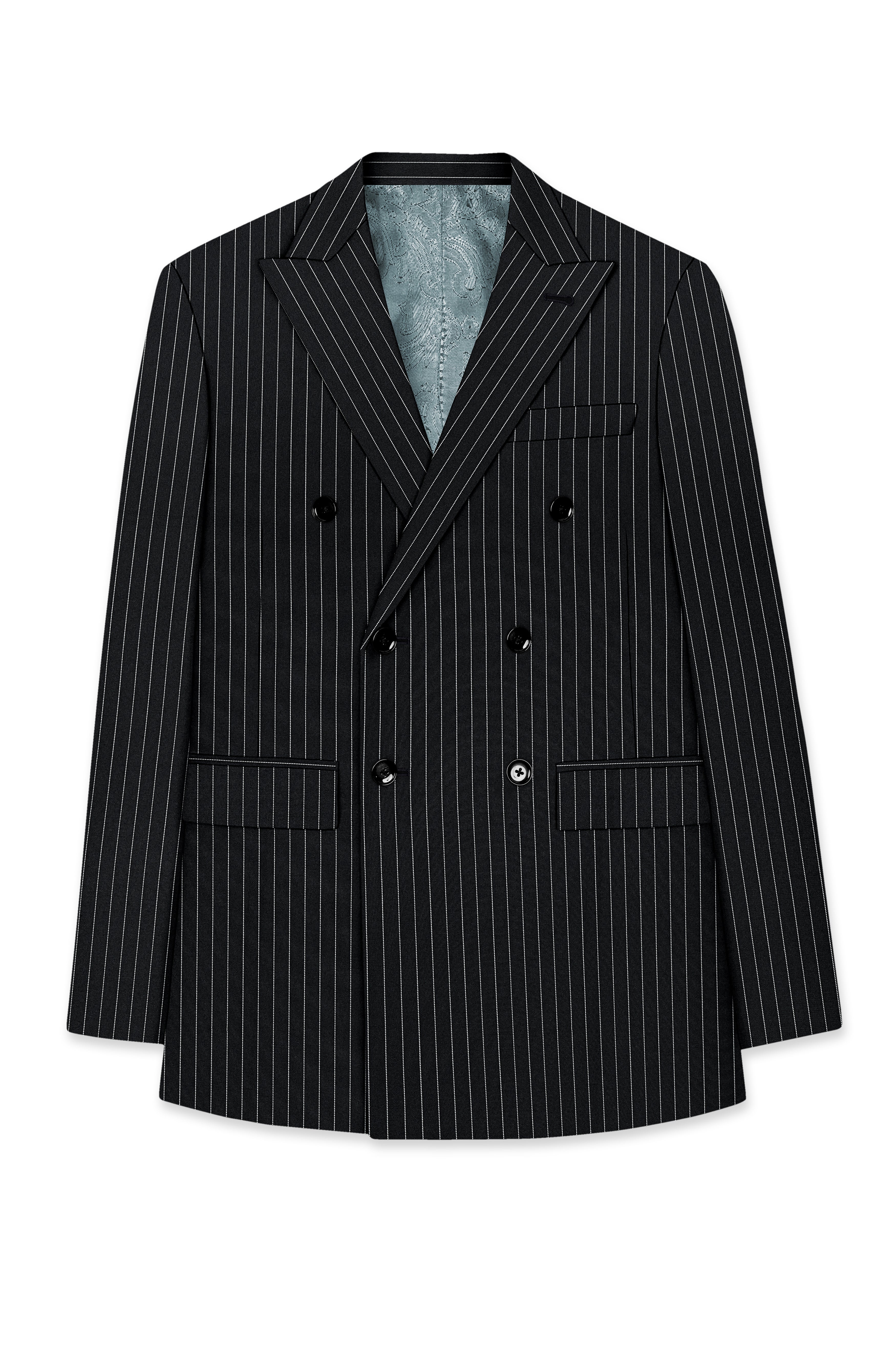 Strivon-Jade Black And Bright White Chalk Striped Wool Rich Slight Stretch Double Breasted Suit