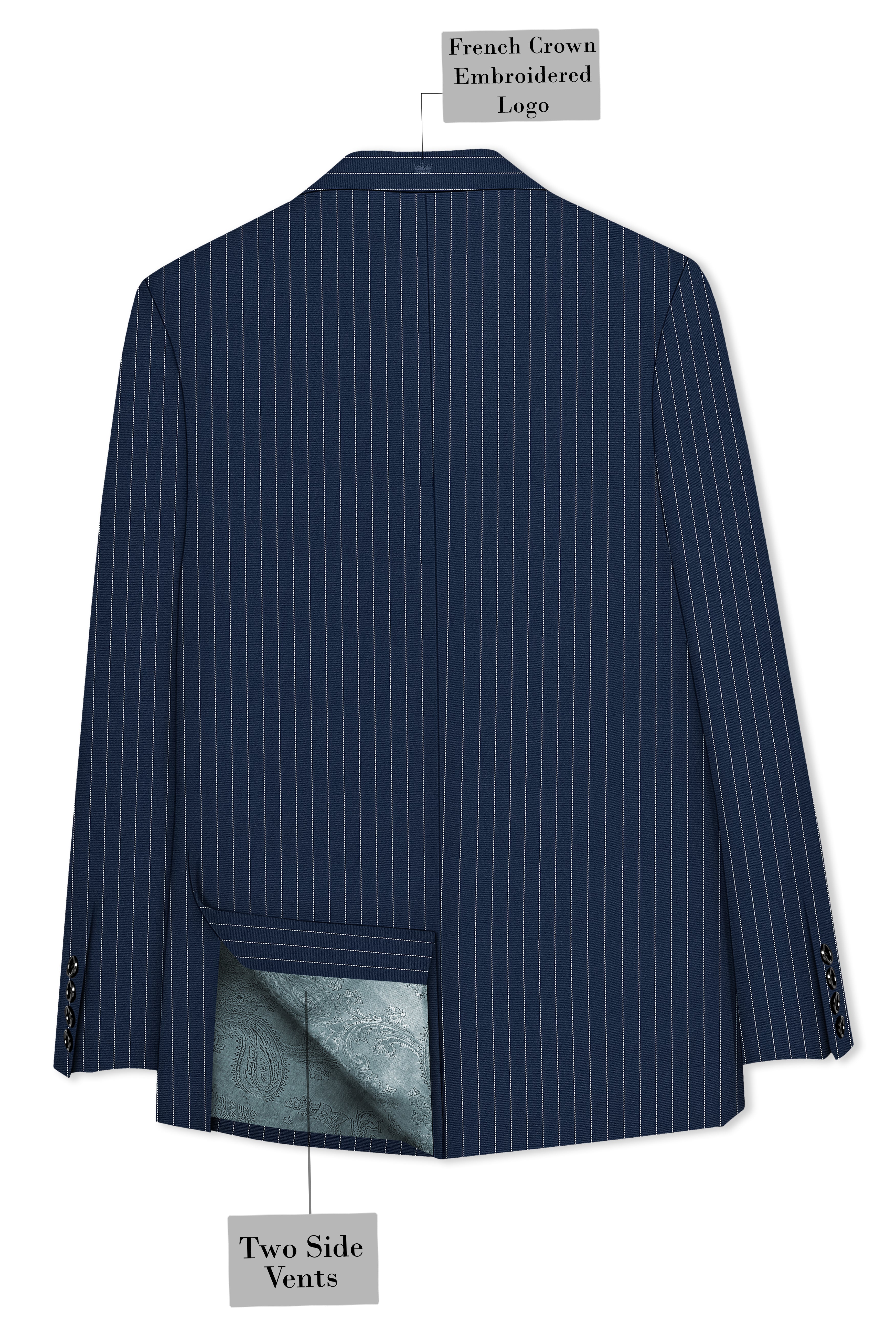 Veritus-Zodiac Blue And Bright White Chalk Striped Wool Rich Slight Stretch Double Breasted Suit