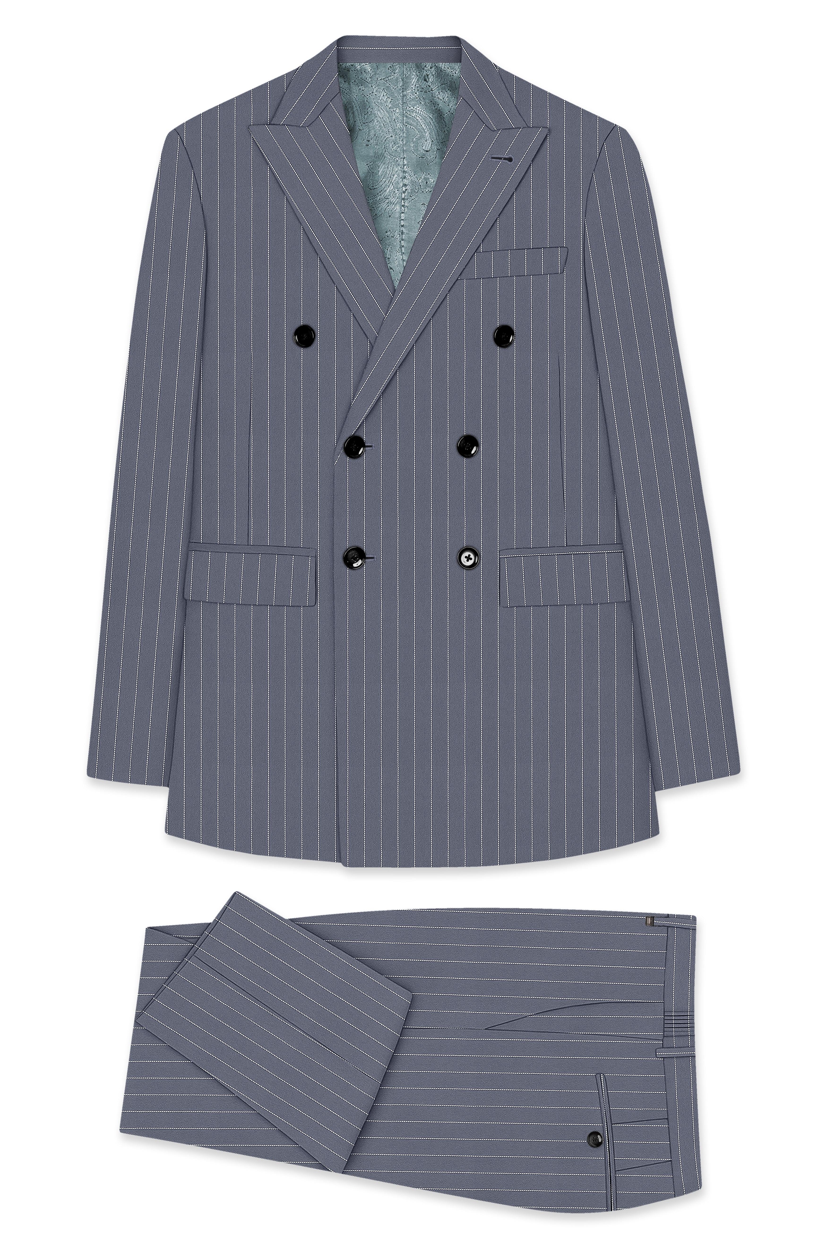Monarch-Shark Gray And Bright White Chalk Striped Wool Rich Slight Stretch Double Breasted Suit