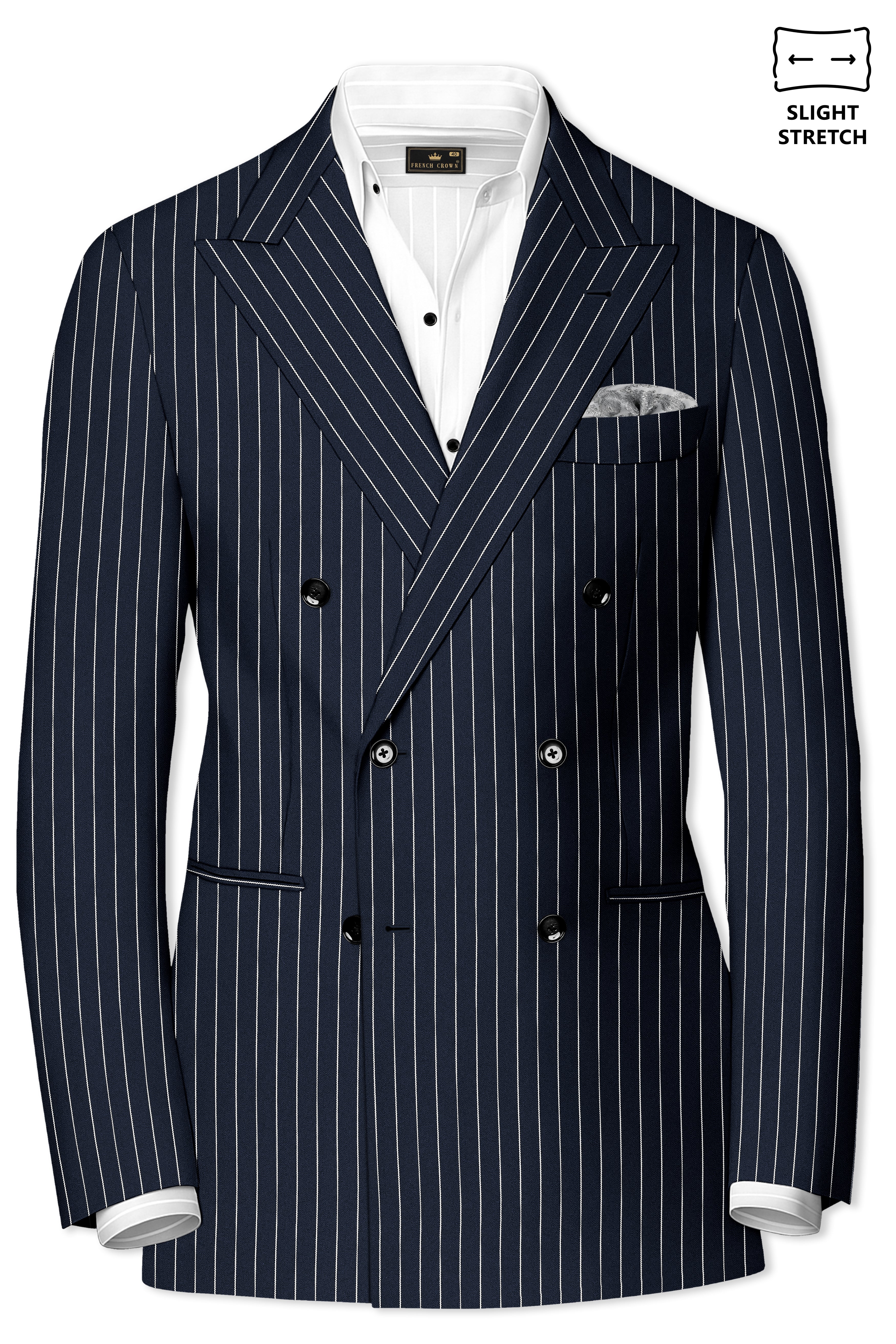 Echelon-Vulcan Blue Herringbone Striped Wool Rich Slight Stretch Double Breasted Suit
