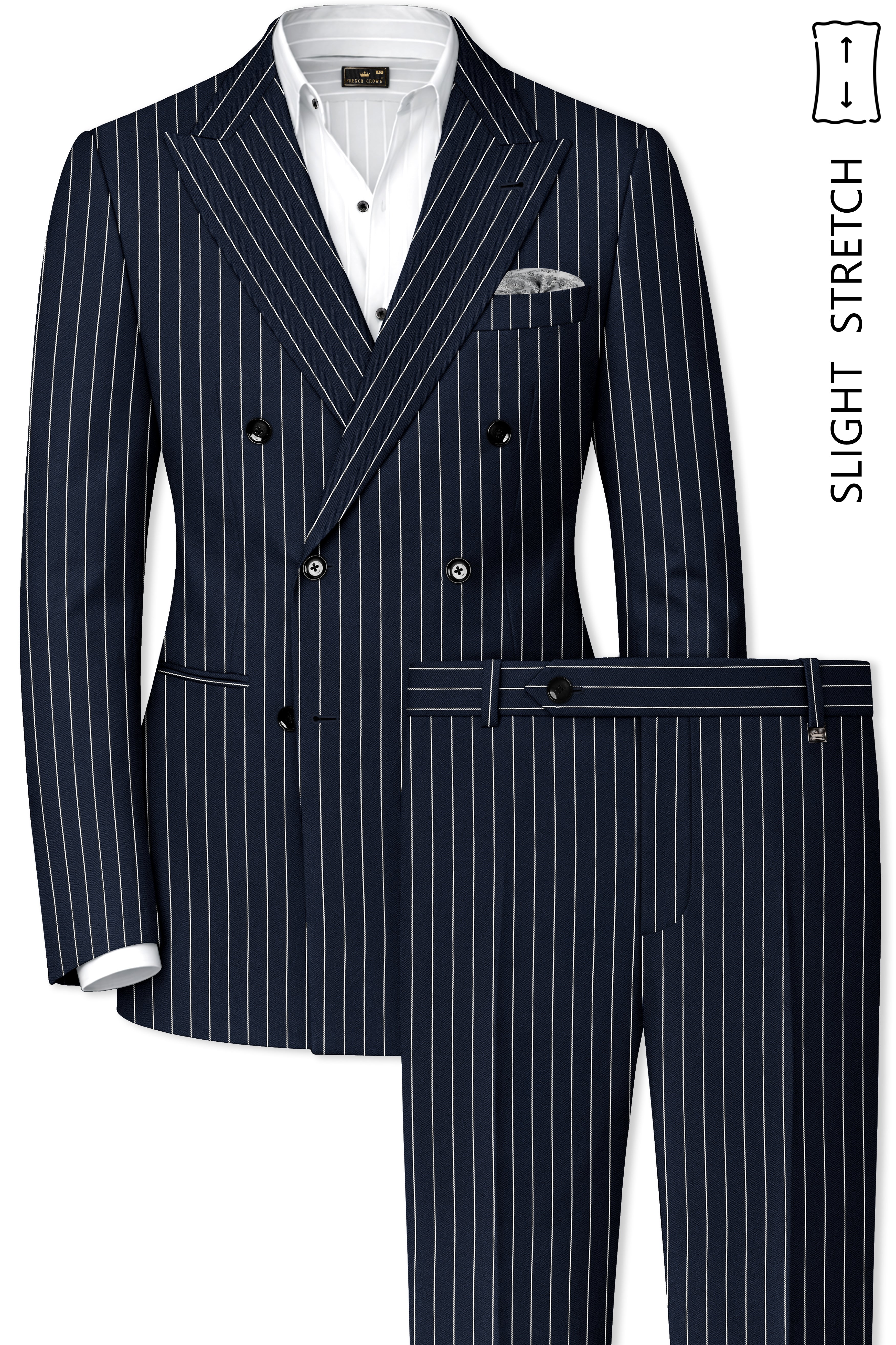 Echelon-Vulcan Blue Herringbone Striped Wool Rich Slight Stretch Double Breasted Suit