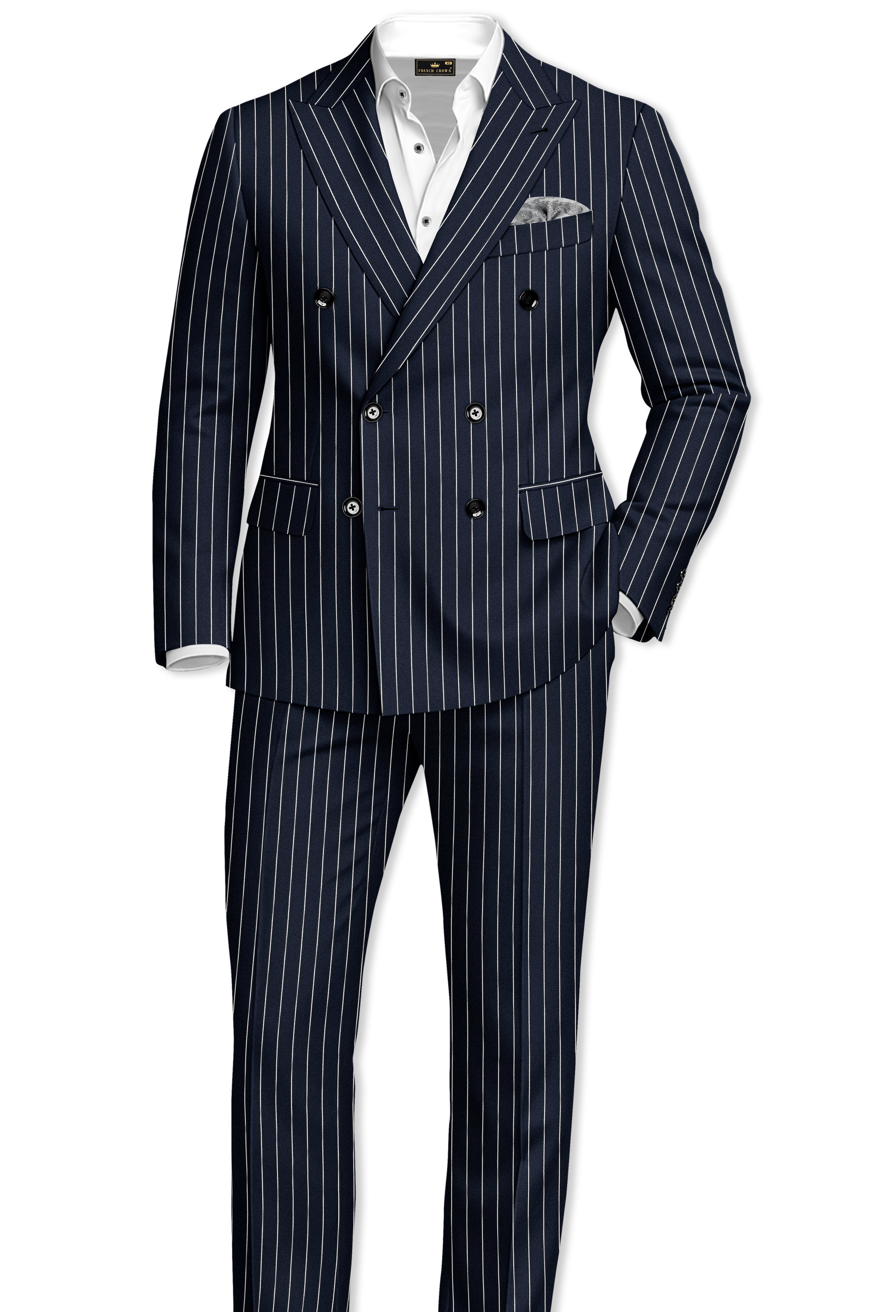 Echelon-Vulcan Blue Herringbone Striped Wool Rich Slight Stretch Double Breasted Suit