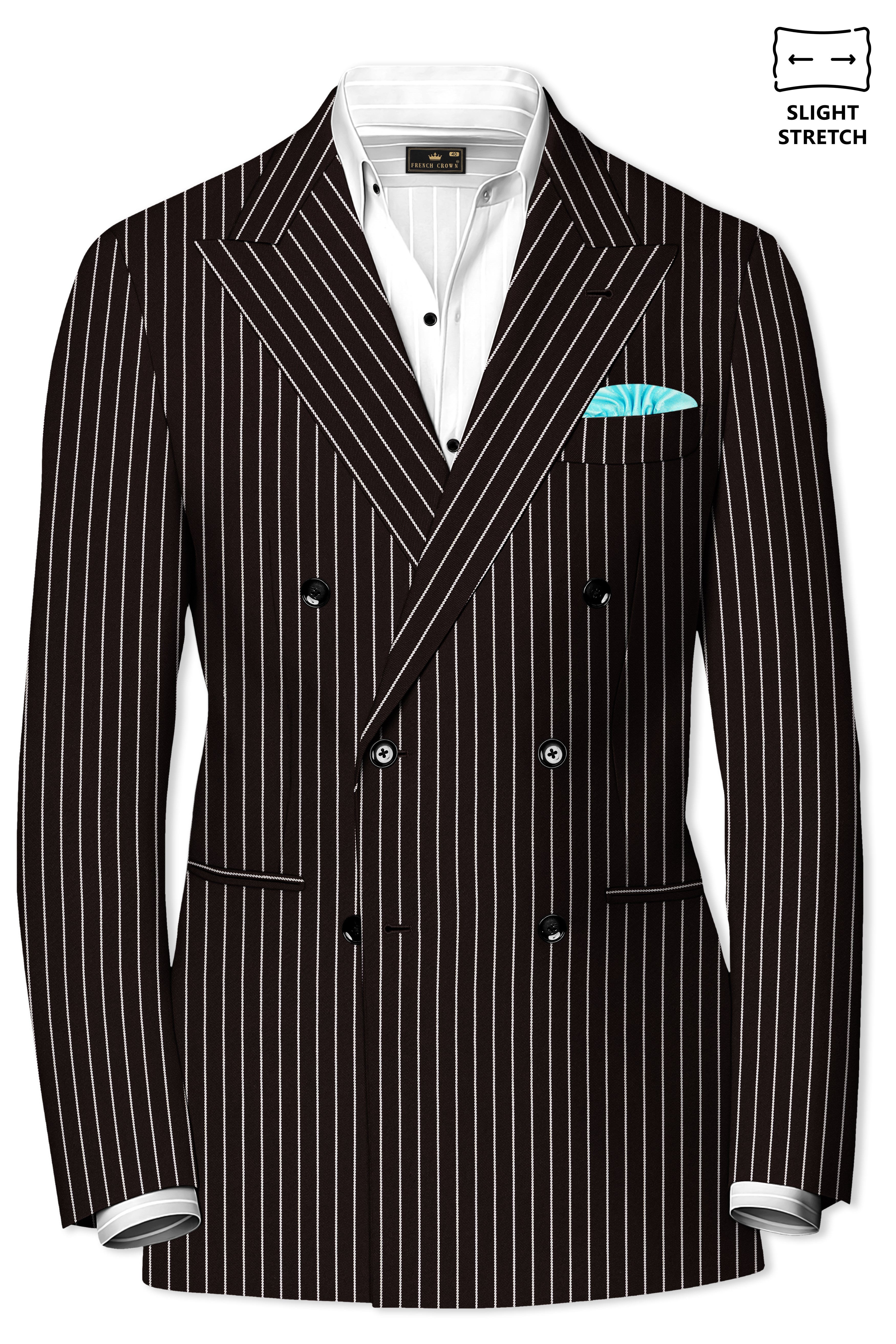 Bastion-Gondola Brown And Bright White Chalk Striped Wool Rich Slight Stretch Double Breasted Suit