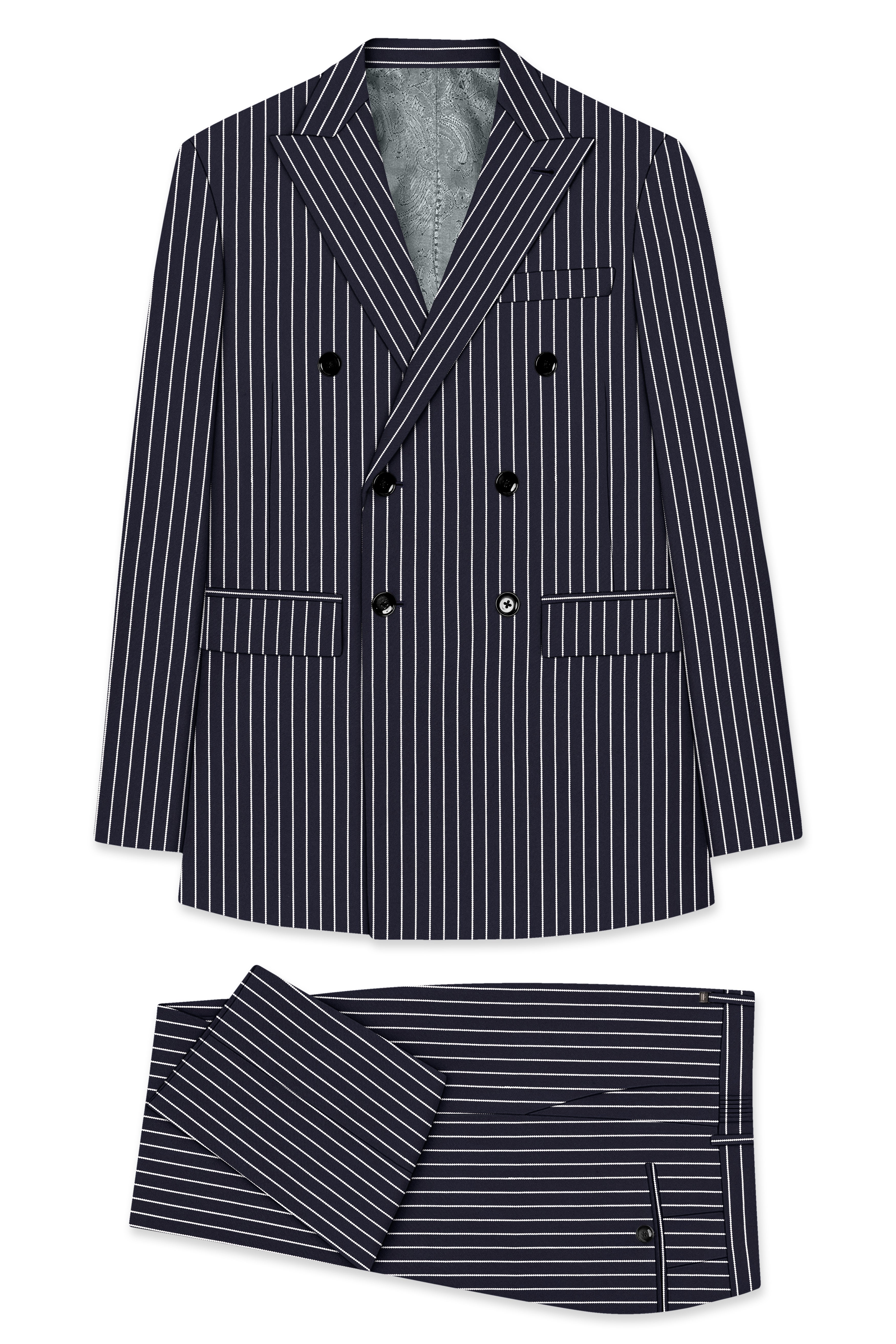 Maris-Baltic Sea Blue And Bright White Chalk Striped Wool Rich Slight Stretch Double Breasted Suit