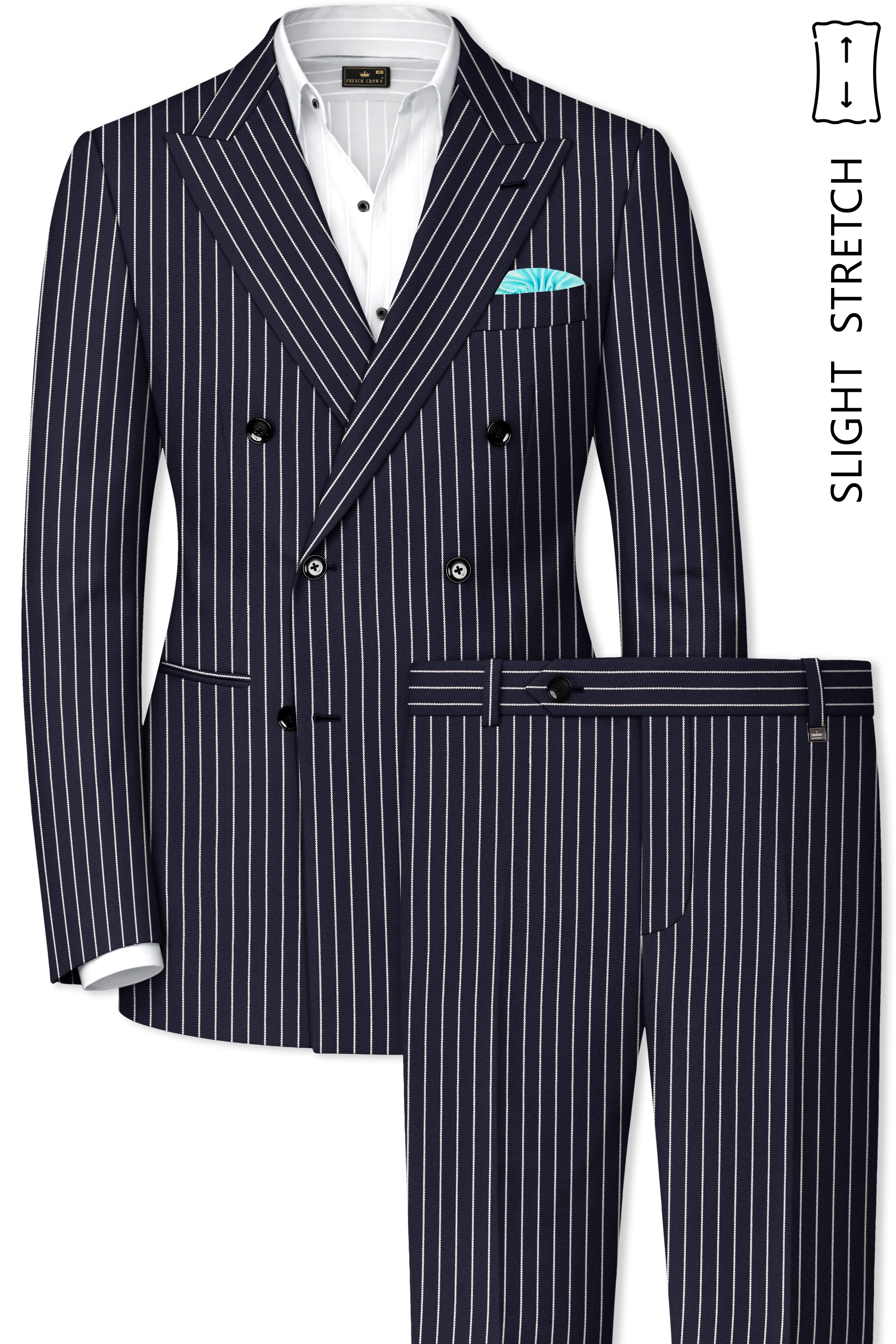Maris-Baltic Sea Blue And Bright White Chalk Striped Wool Rich Slight Stretch Double Breasted Suit