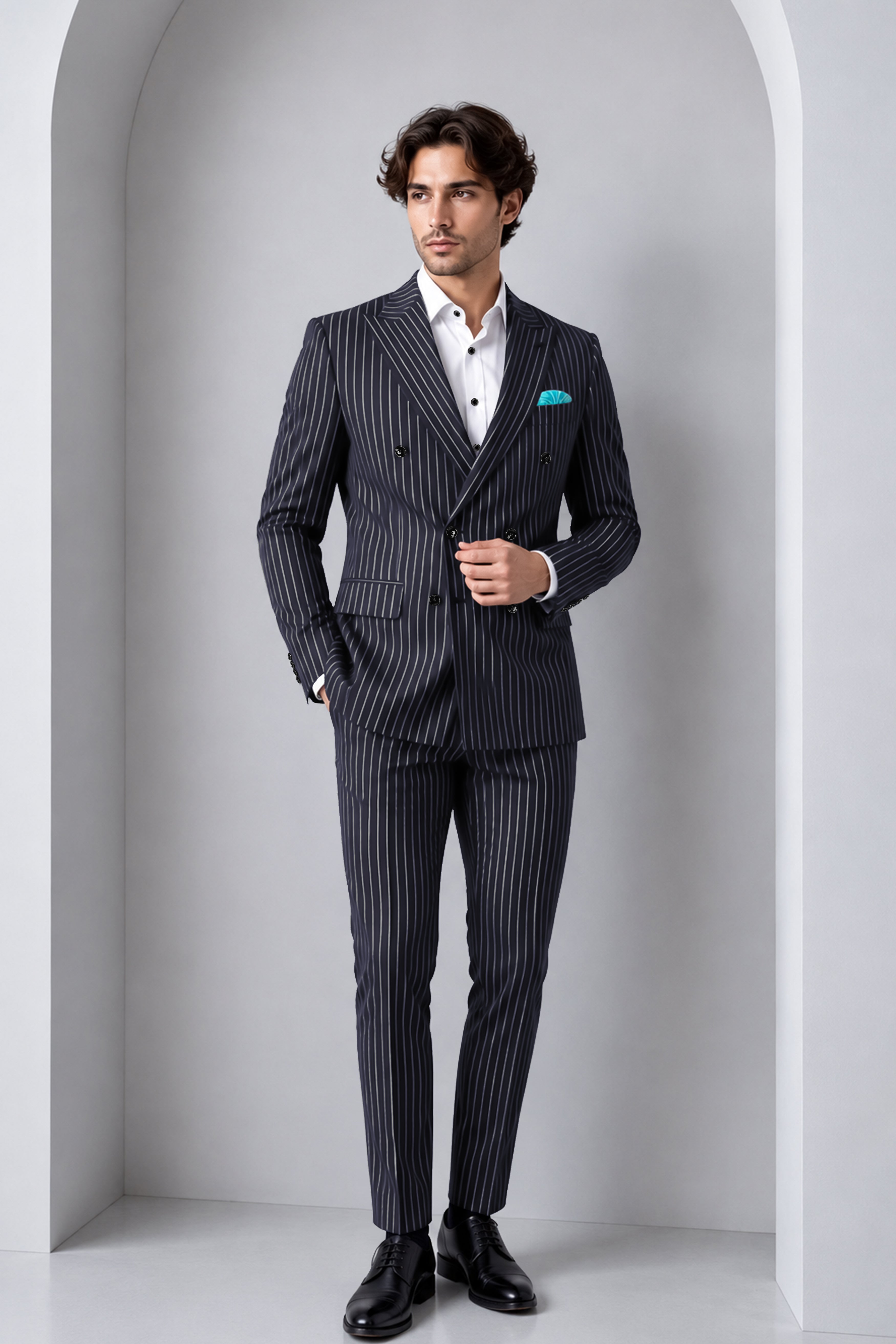 Maris-Baltic Sea Blue And Bright White Chalk Striped Wool Rich Slight Stretch Double Breasted Suit