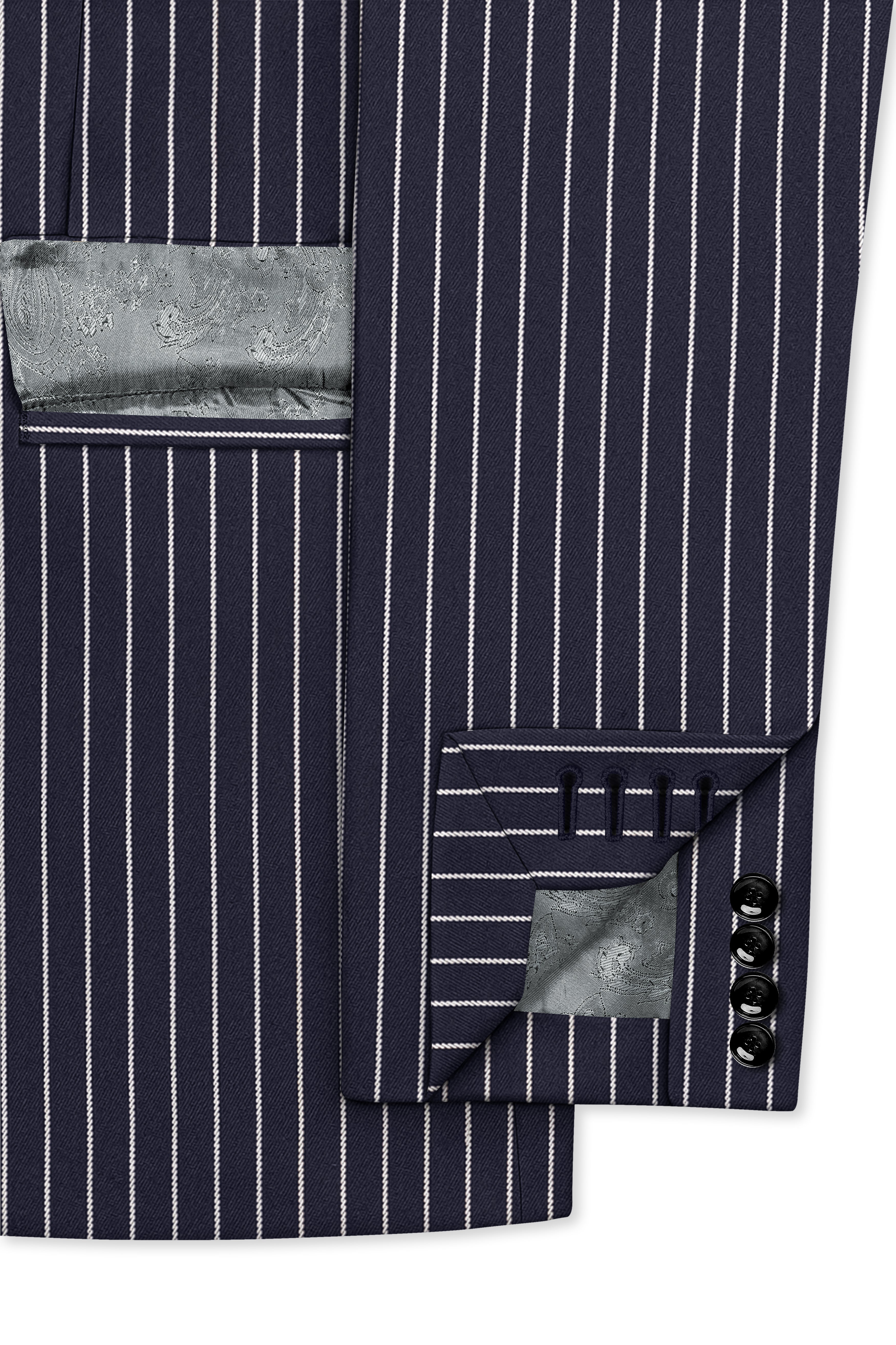 Maris-Baltic Sea Blue And Bright White Chalk Striped Wool Rich Slight Stretch Double Breasted Suit
