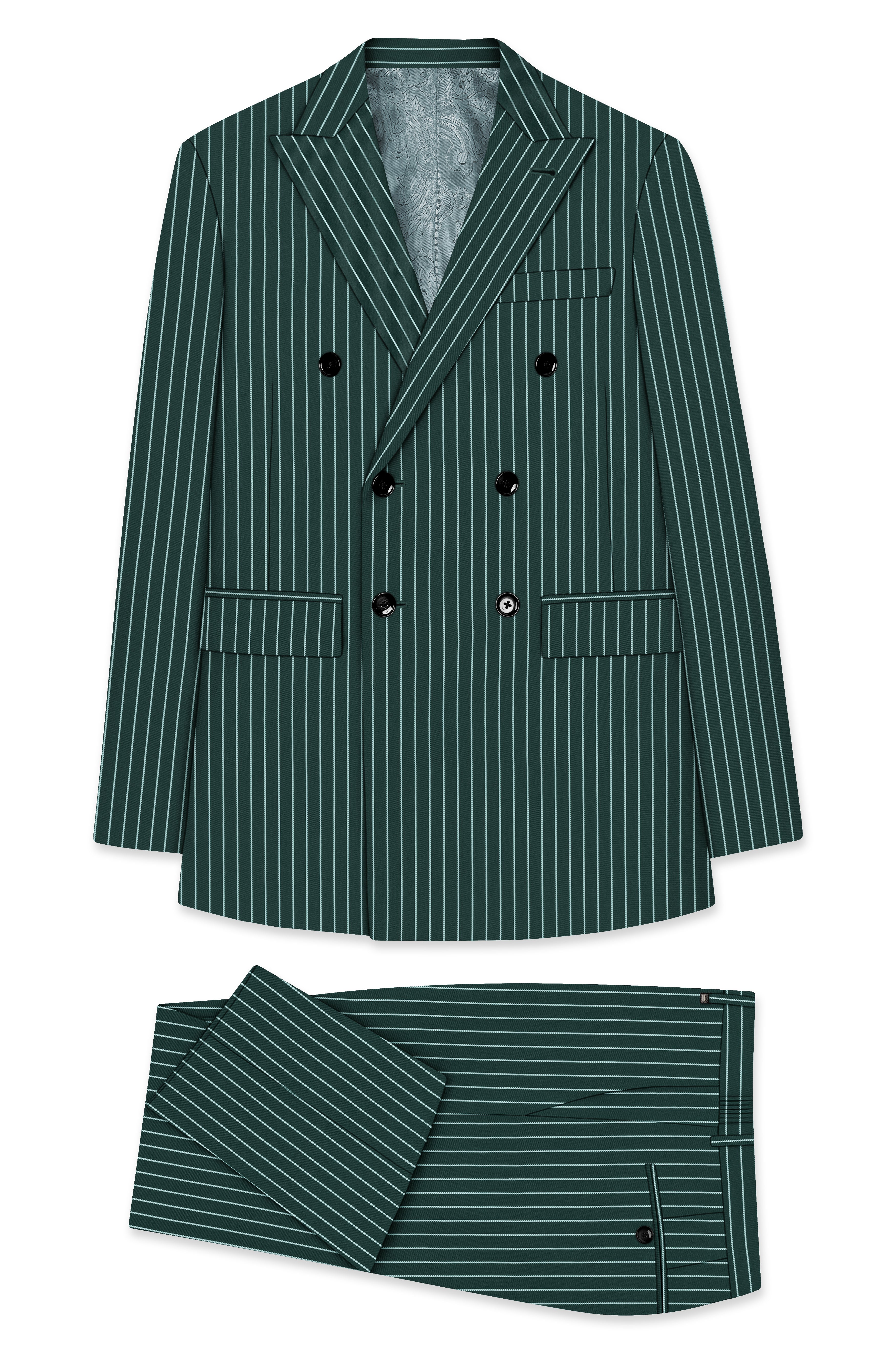 Forenza-Jungle Green And Bright White Chalk Striped Wool Rich Slight Stretch Double Breasted Suit
