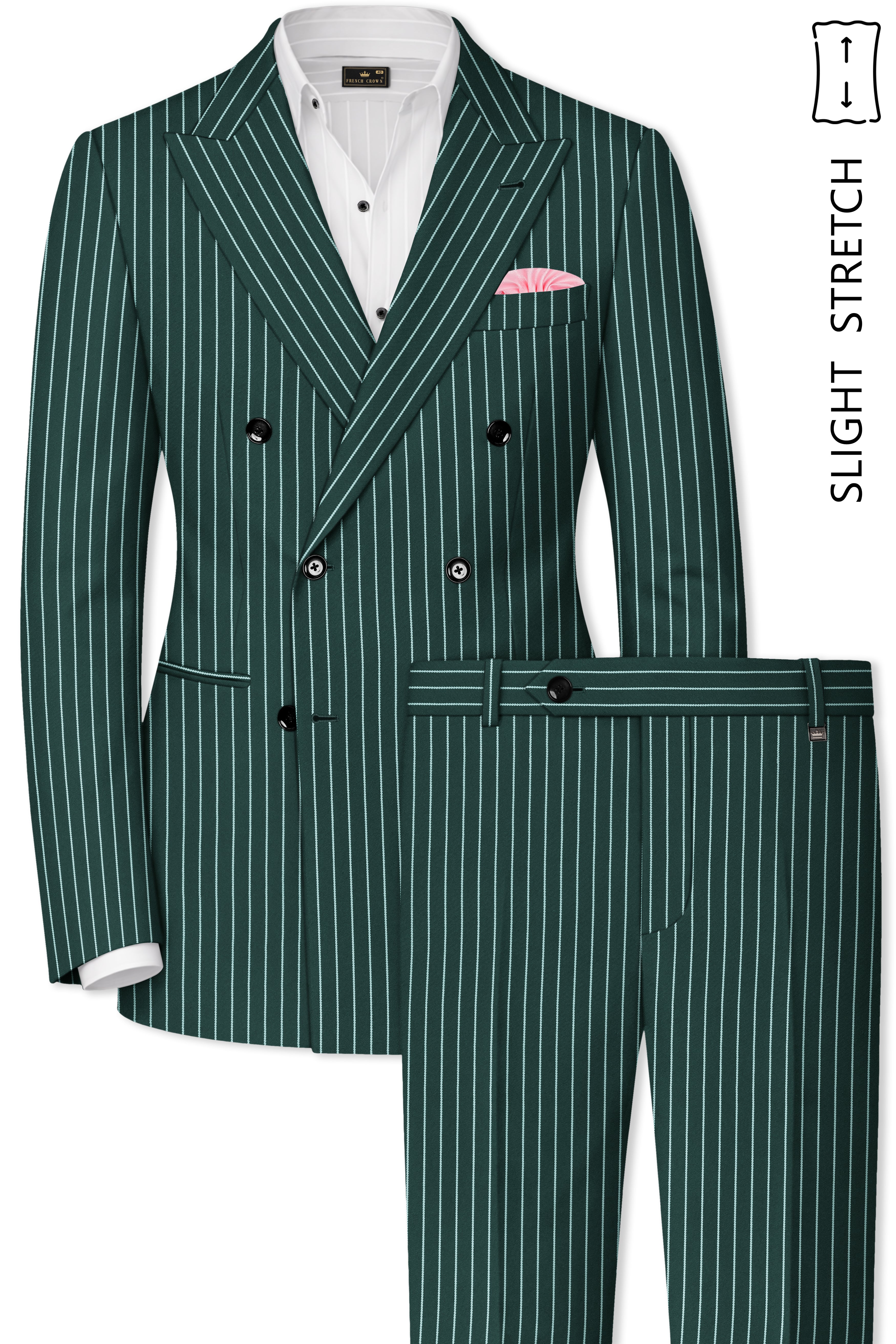 Forenza-Jungle Green And Bright White Chalk Striped Wool Rich Slight Stretch Double Breasted Suit