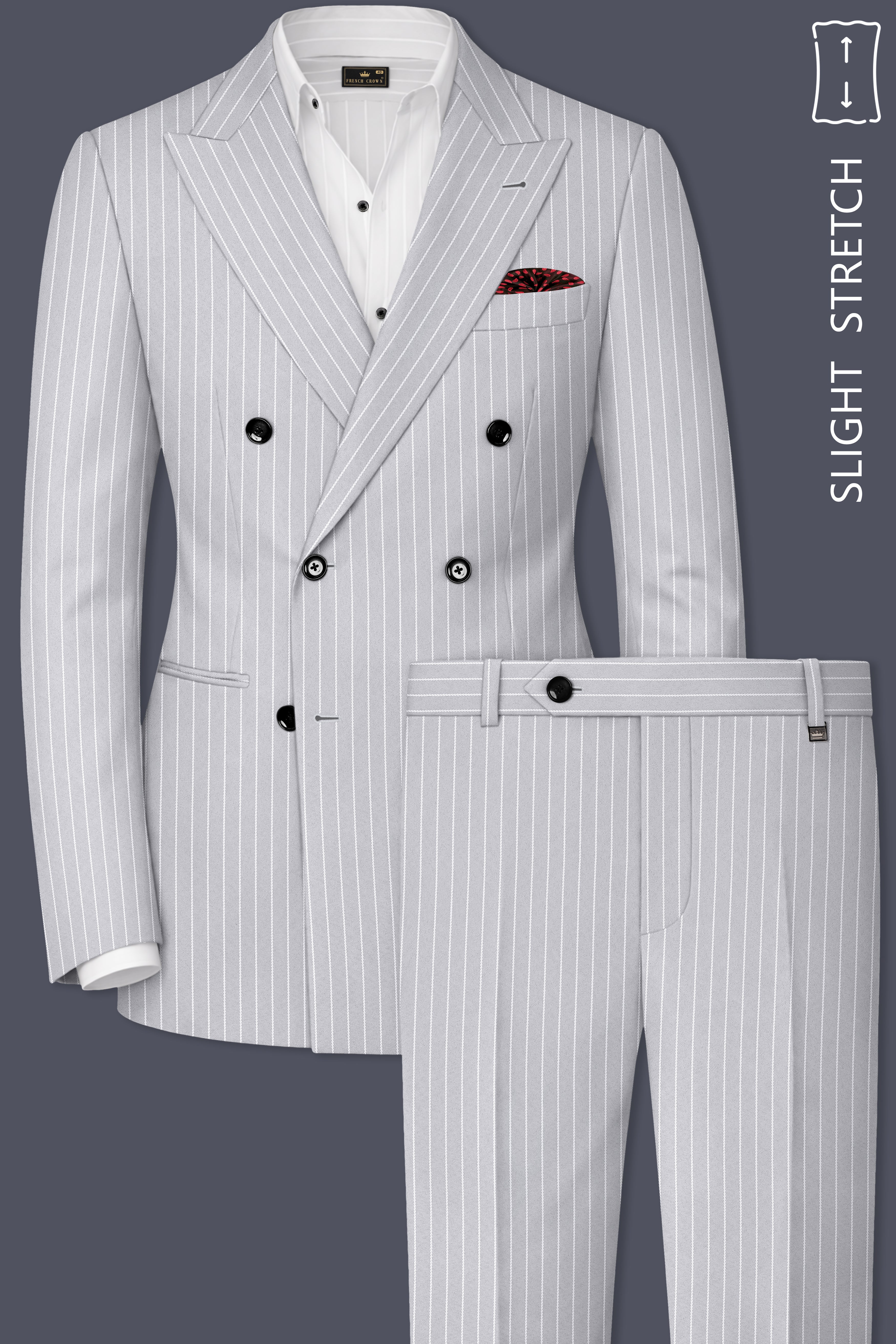 Sterlan-Goose Gray And Bright White Chalk Striped Wool Rich Slight Stretch Double Breasted Suit