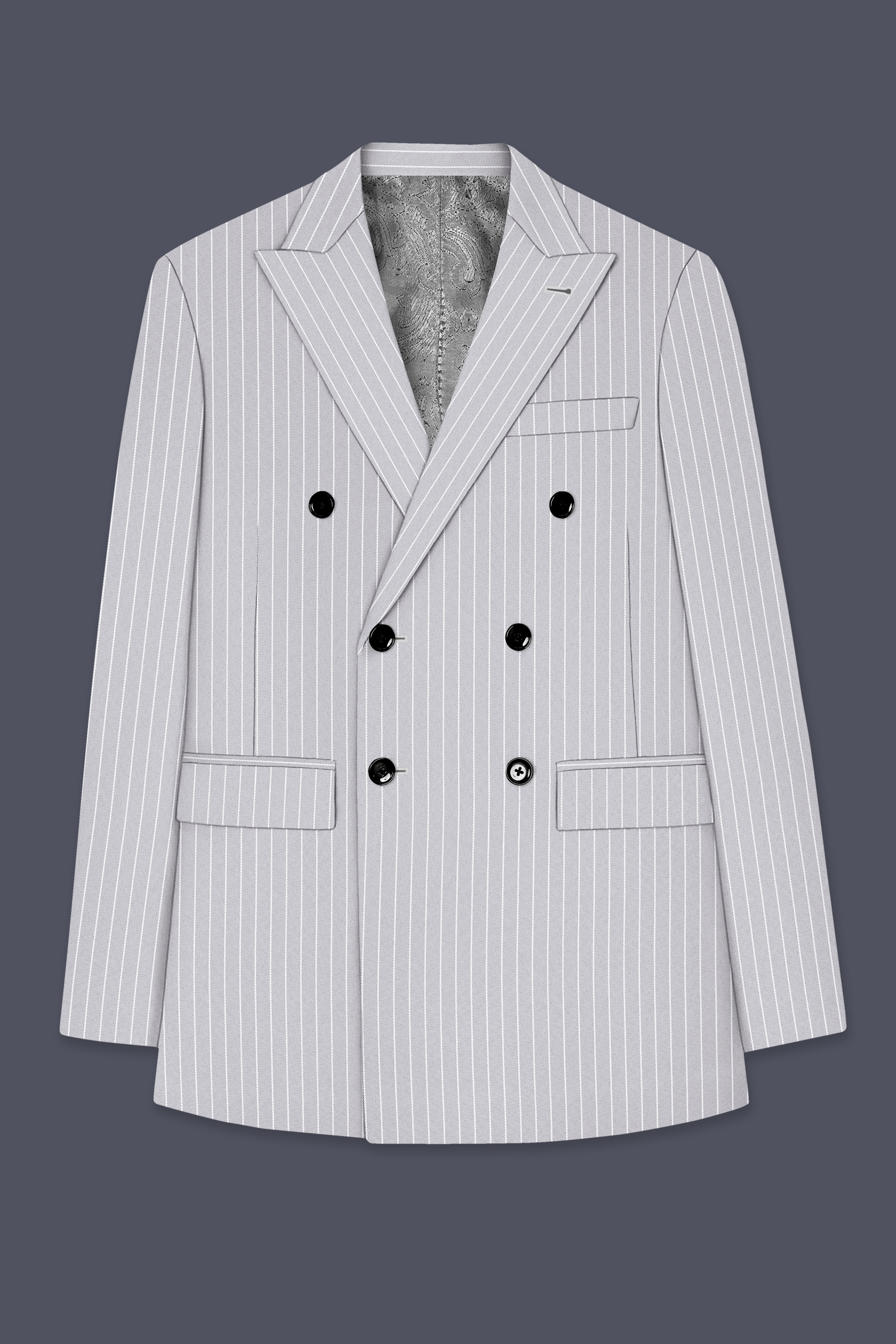 Sterlan-Goose Gray And Bright White Chalk Striped Wool Rich Slight Stretch Double Breasted Suit