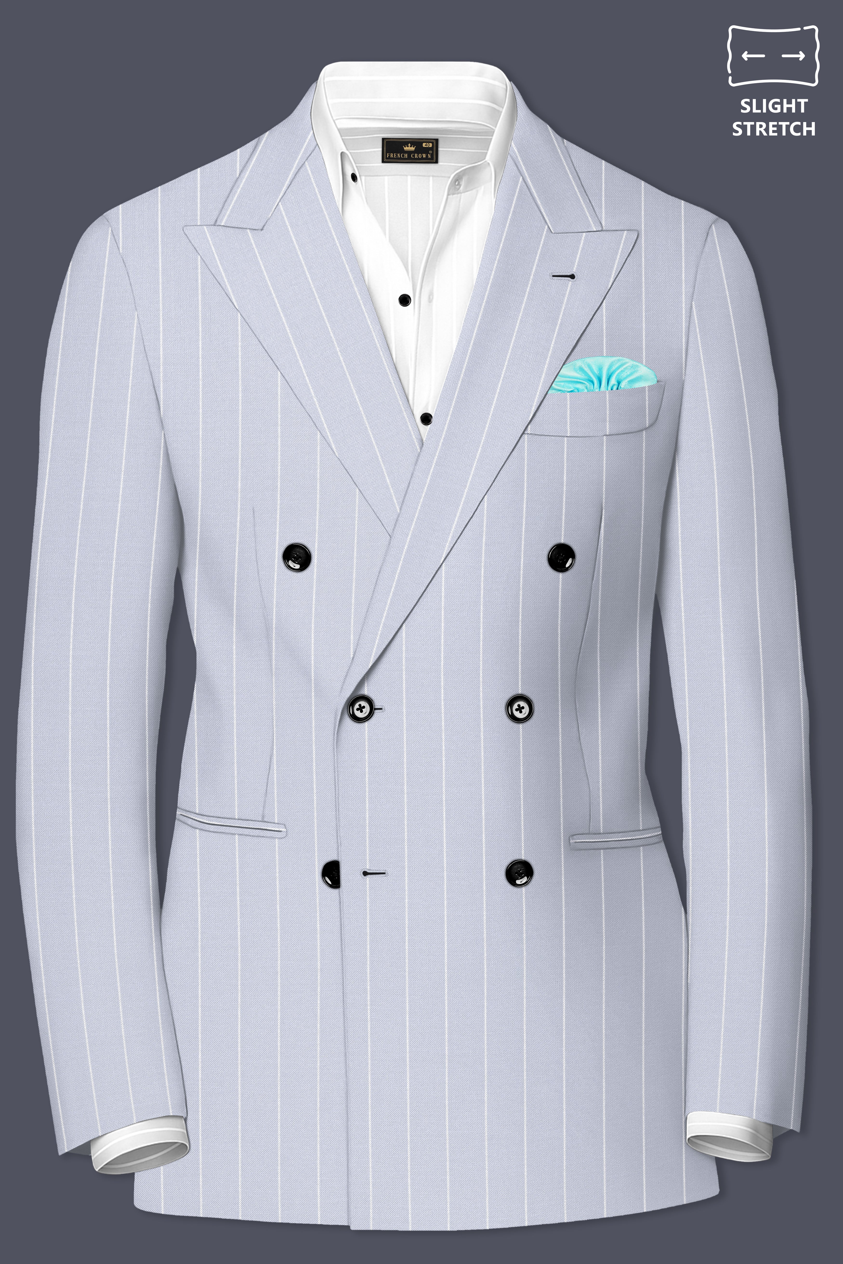 Axiom-Loblolly Gray And Bright White Chalk Striped Wool Rich Slight Stretch Double Breasted Suit