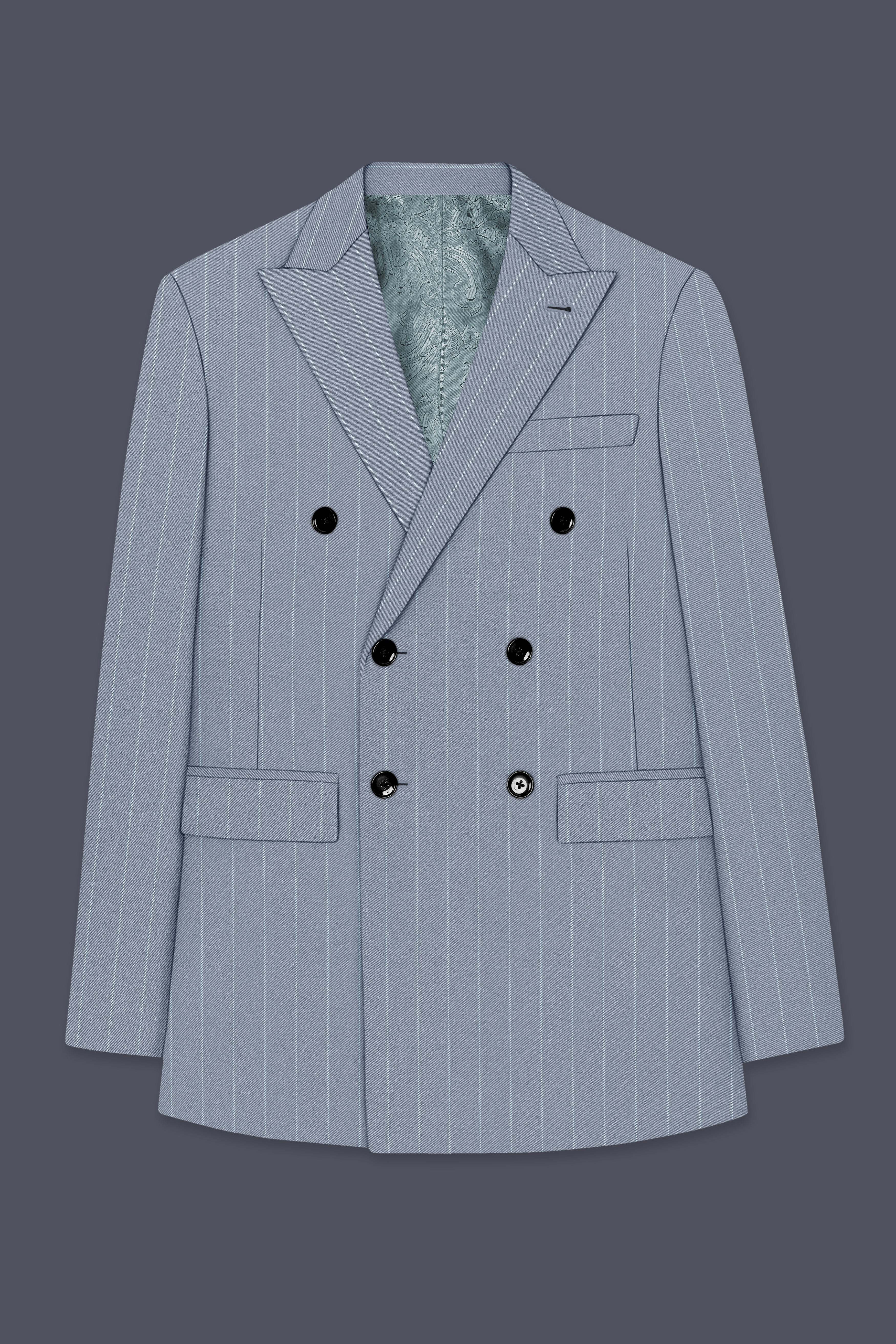 Prestige-Regent Gray And Bright White Chalk Striped Wool Rich Slight Stretch Double Breasted Suit
