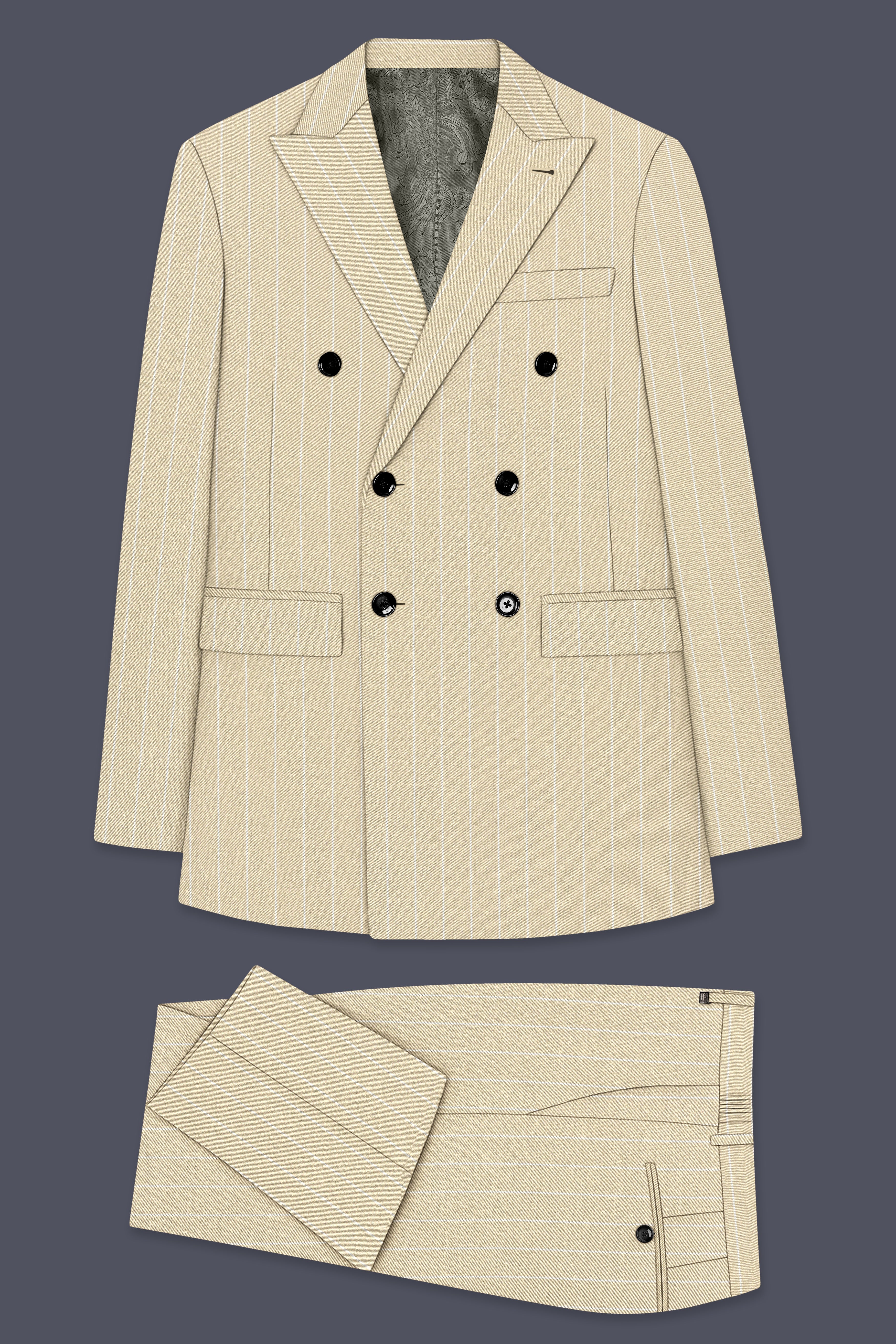 Lumier-Akaroa Cream And Bright White Chalk Striped Wool Rich Slight Stretch Double Breasted Suit