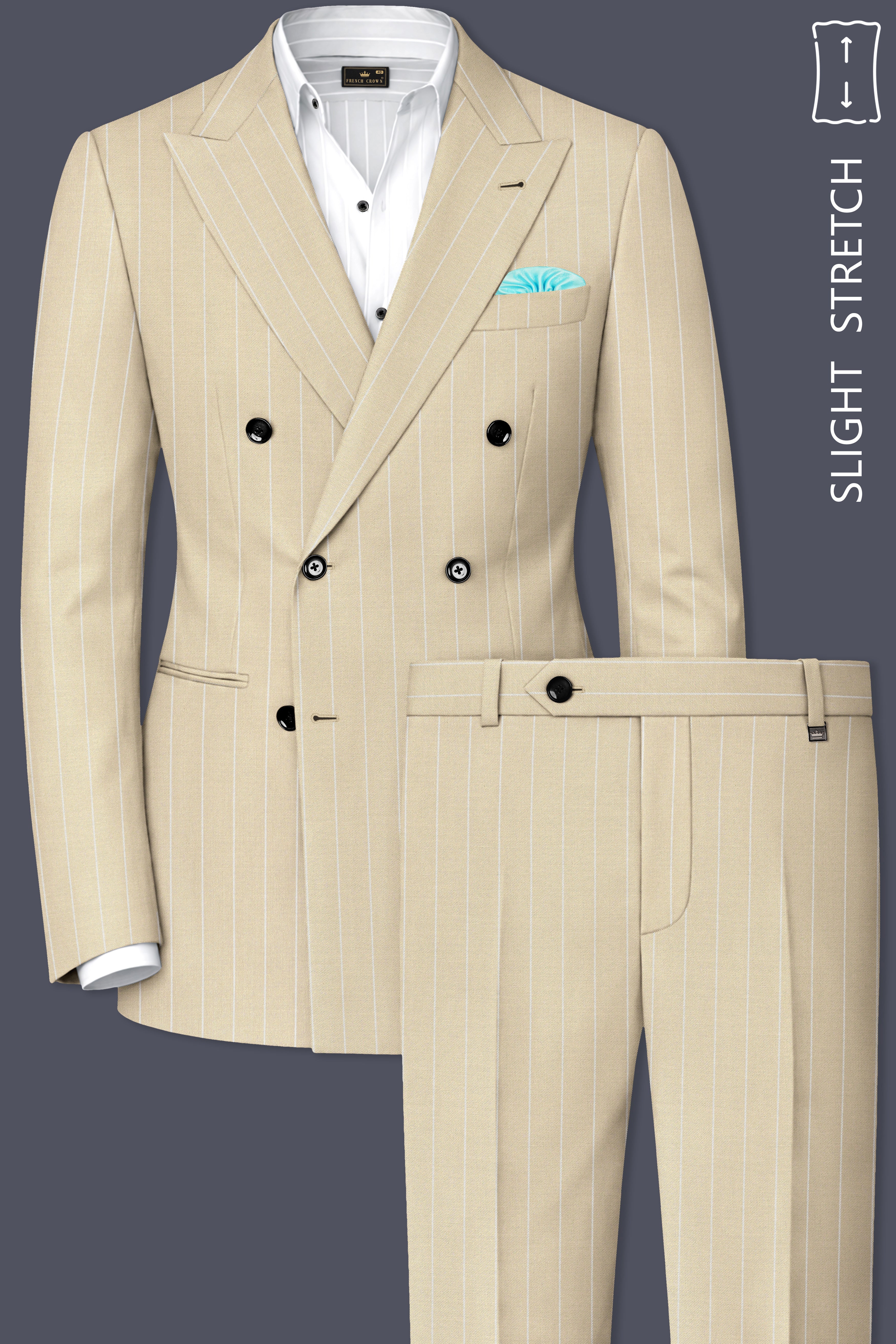 Lumier-Akaroa Cream And Bright White Chalk Striped Wool Rich Slight Stretch Double Breasted Suit