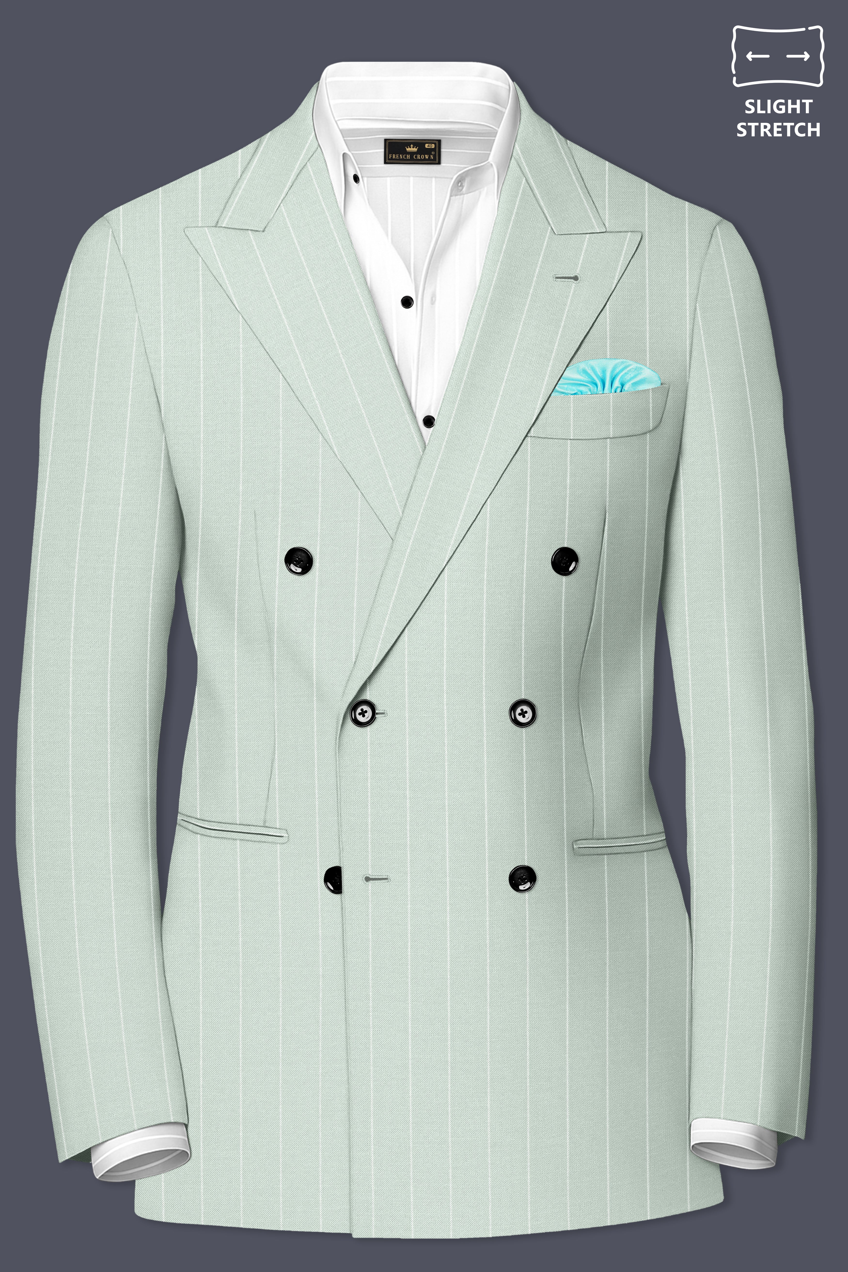 Halcyon-Pale Leaf Green And Bright White Chalk Striped Wool Rich Slight Stretch Double Breasted Suit
