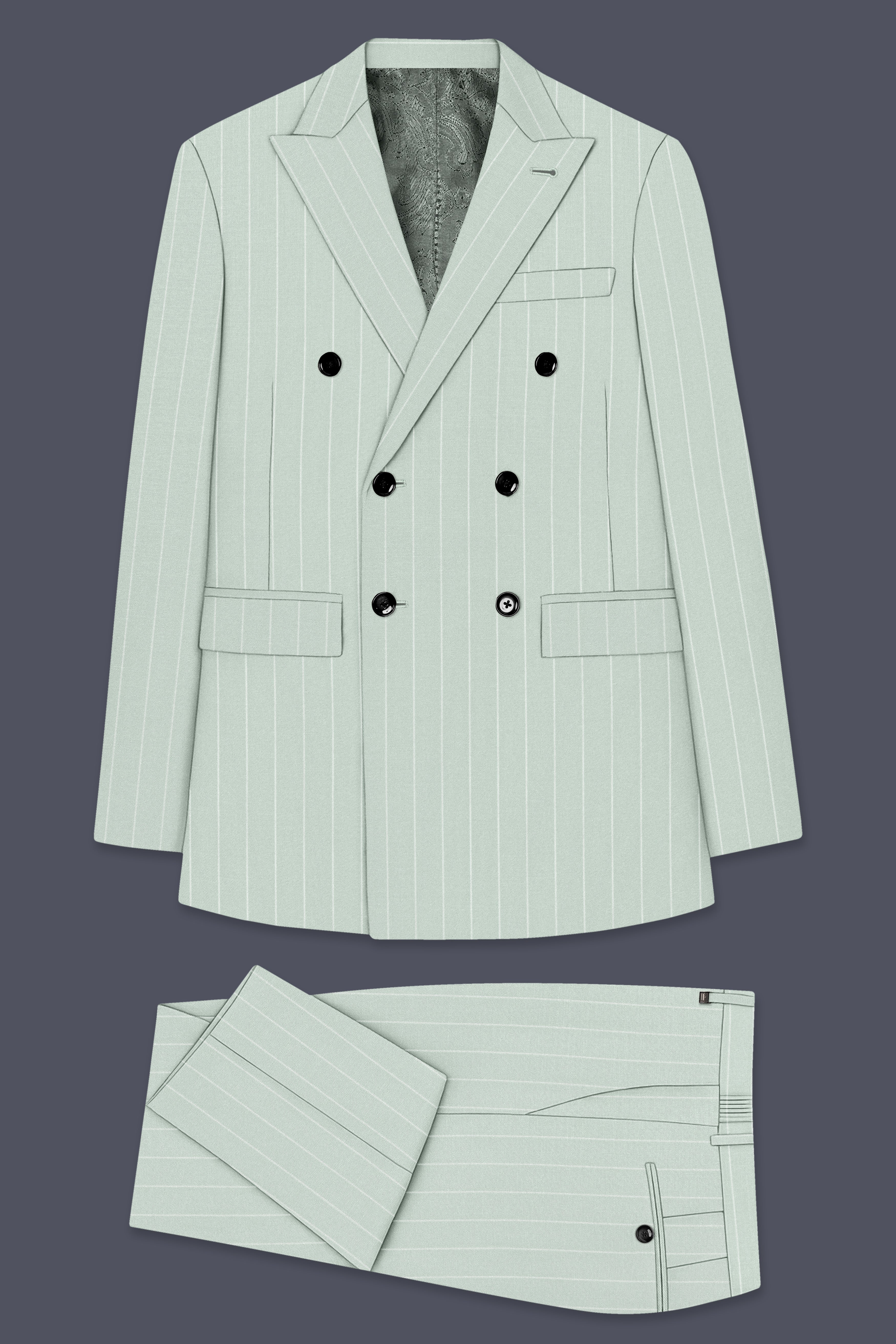 Halcyon-Pale Leaf Green And Bright White Chalk Striped Wool Rich Slight Stretch Double Breasted Suit