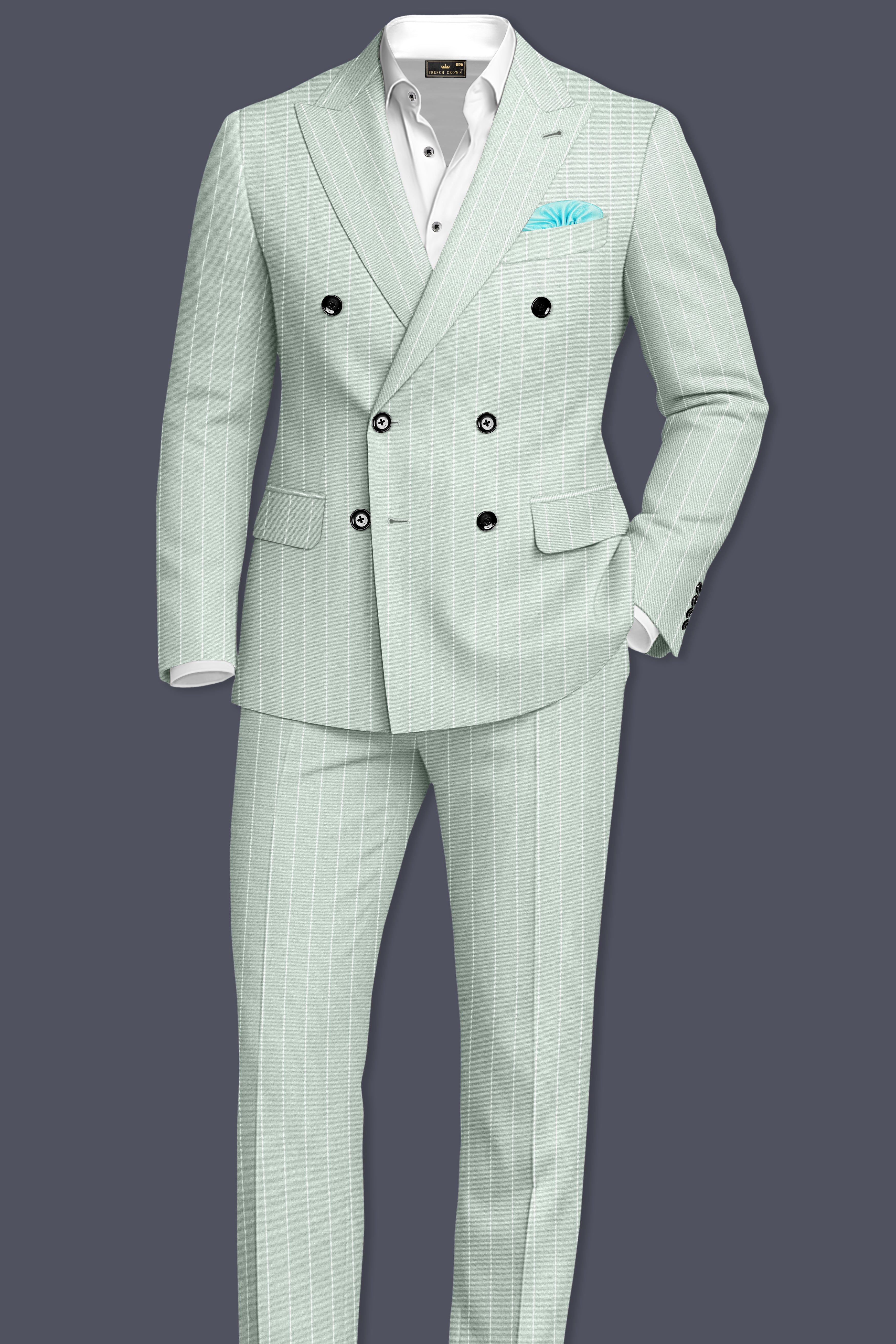 Halcyon-Pale Leaf Green And Bright White Chalk Striped Wool Rich Slight Stretch Double Breasted Suit