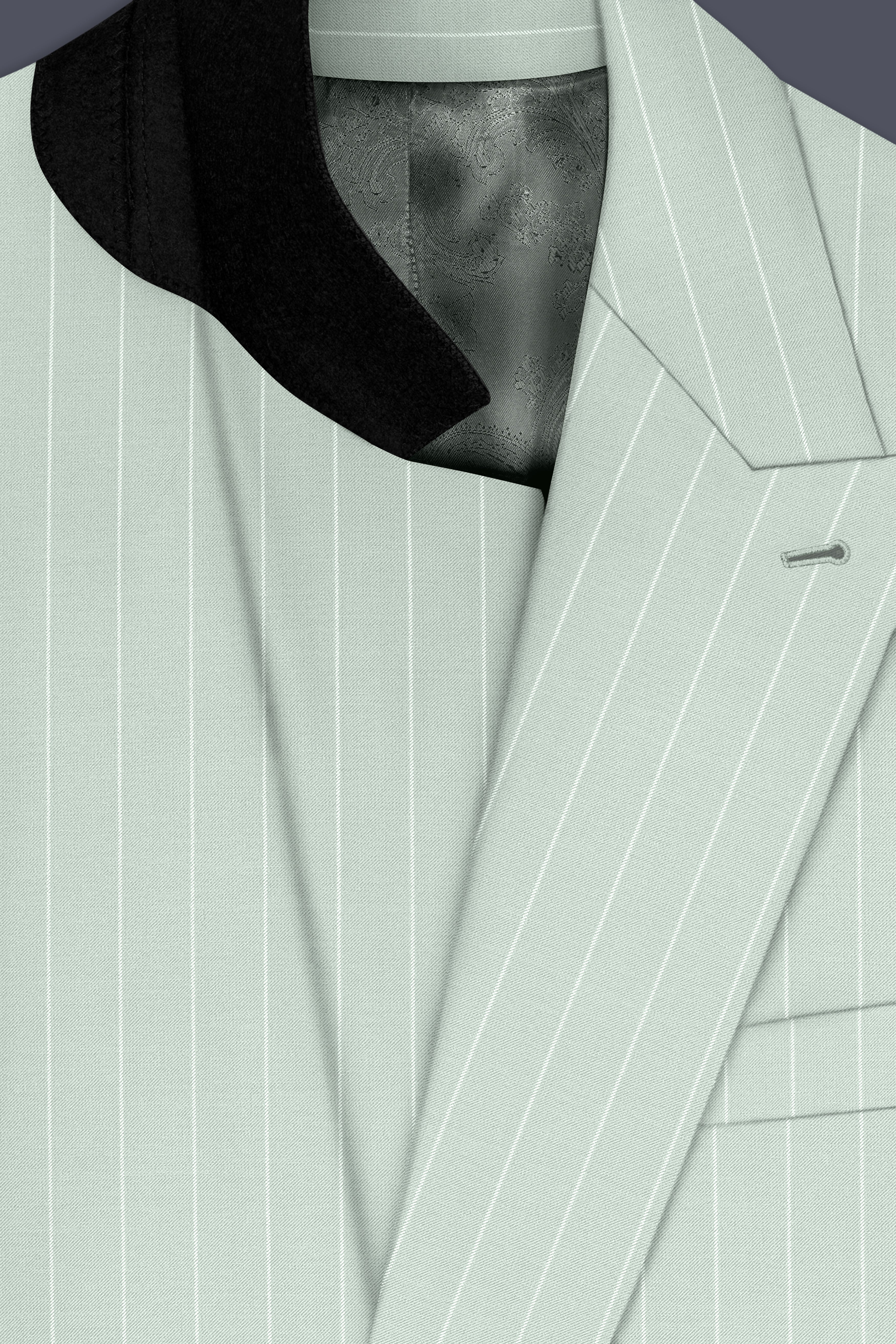 Halcyon-Pale Leaf Green And Bright White Chalk Striped Wool Rich Slight Stretch Double Breasted Suit