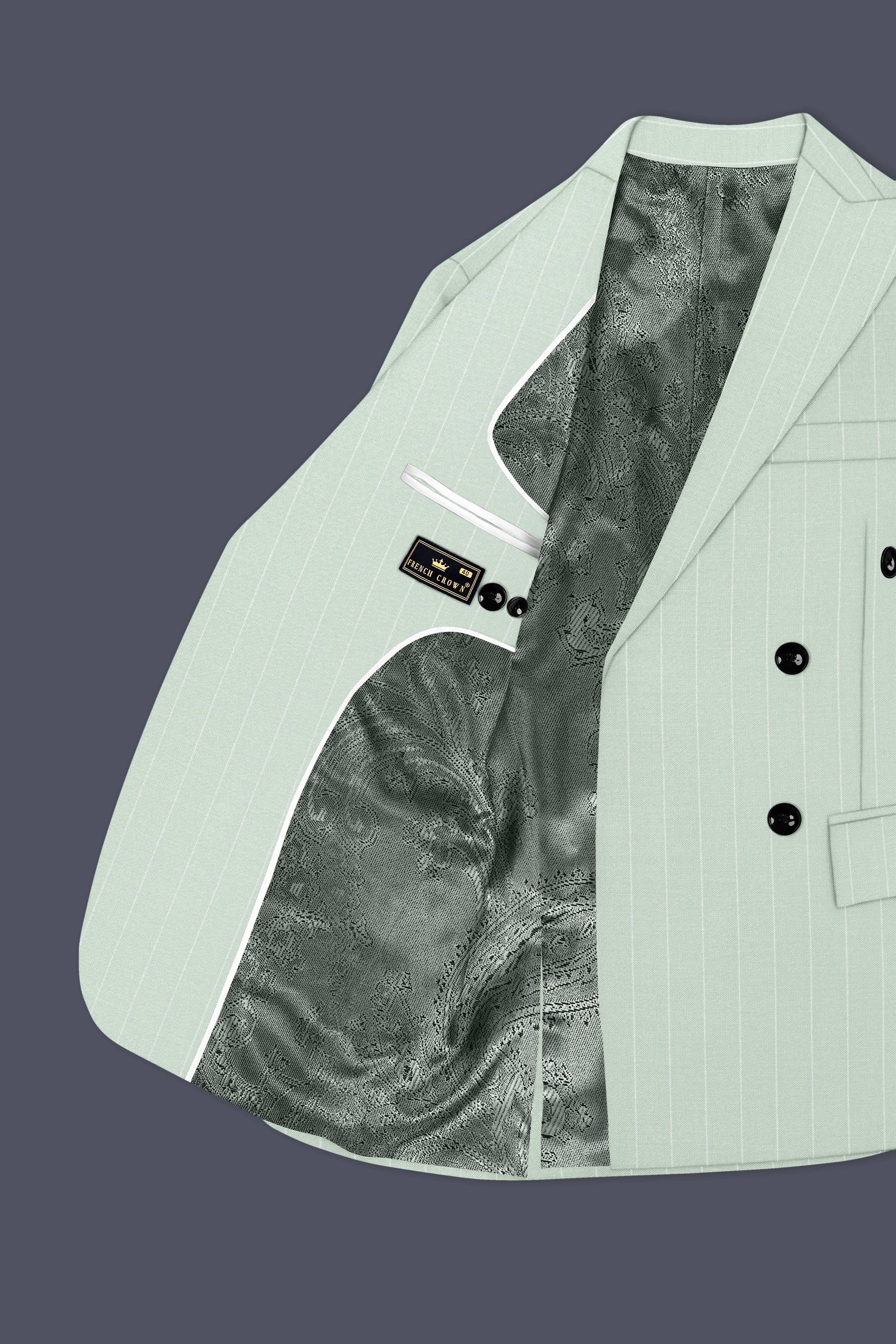 Halcyon-Pale Leaf Green And Bright White Chalk Striped Wool Rich Slight Stretch Double Breasted Suit