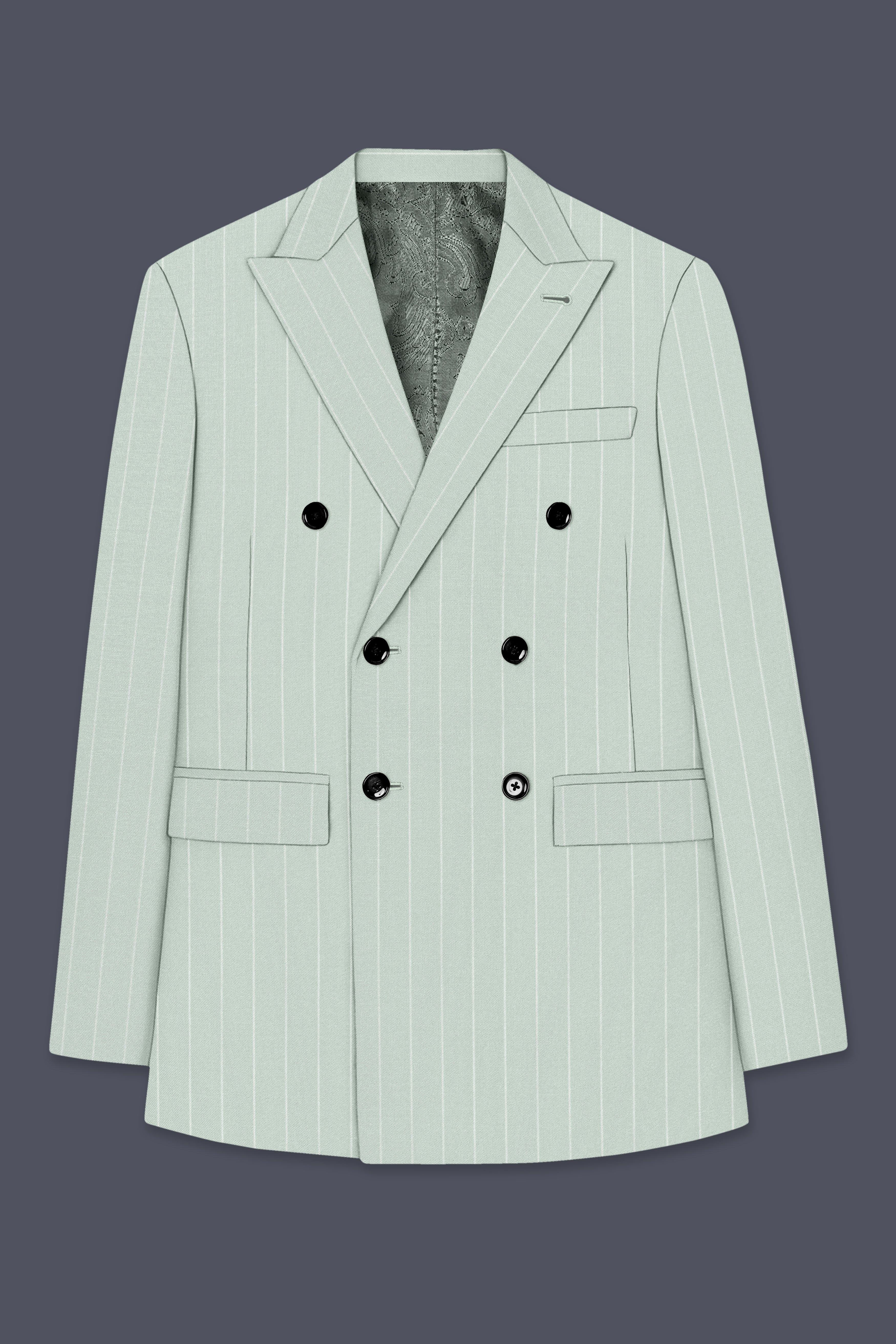 Halcyon-Pale Leaf Green And Bright White Chalk Striped Wool Rich Slight Stretch Double Breasted Suit