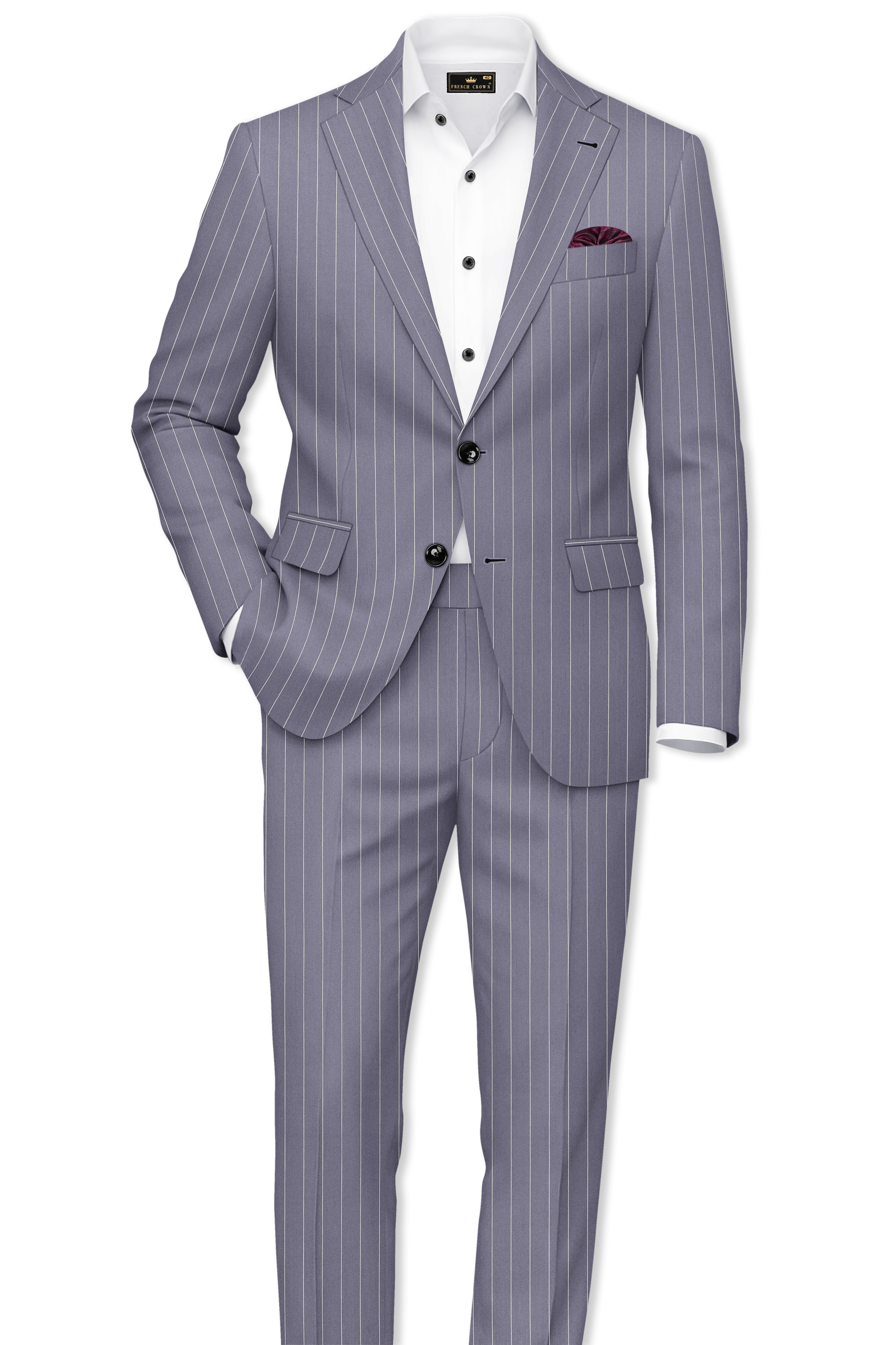 Regent-Mobster Gray And Bright White Chalk Striped Wool Rich Slight Stretch Single Breasted Suit