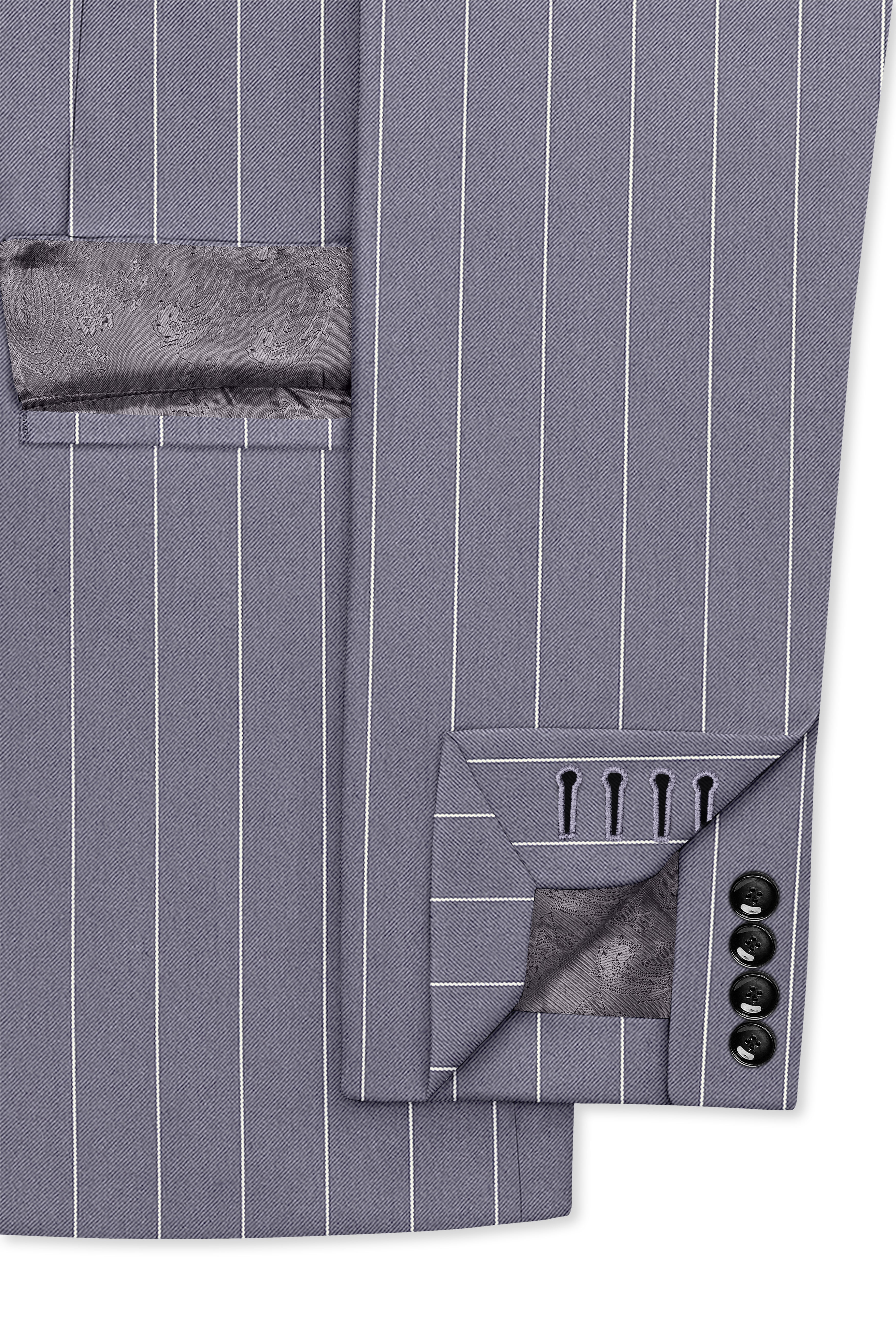 Regent-Mobster Gray And Bright White Chalk Striped Wool Rich Slight Stretch Single Breasted Suit