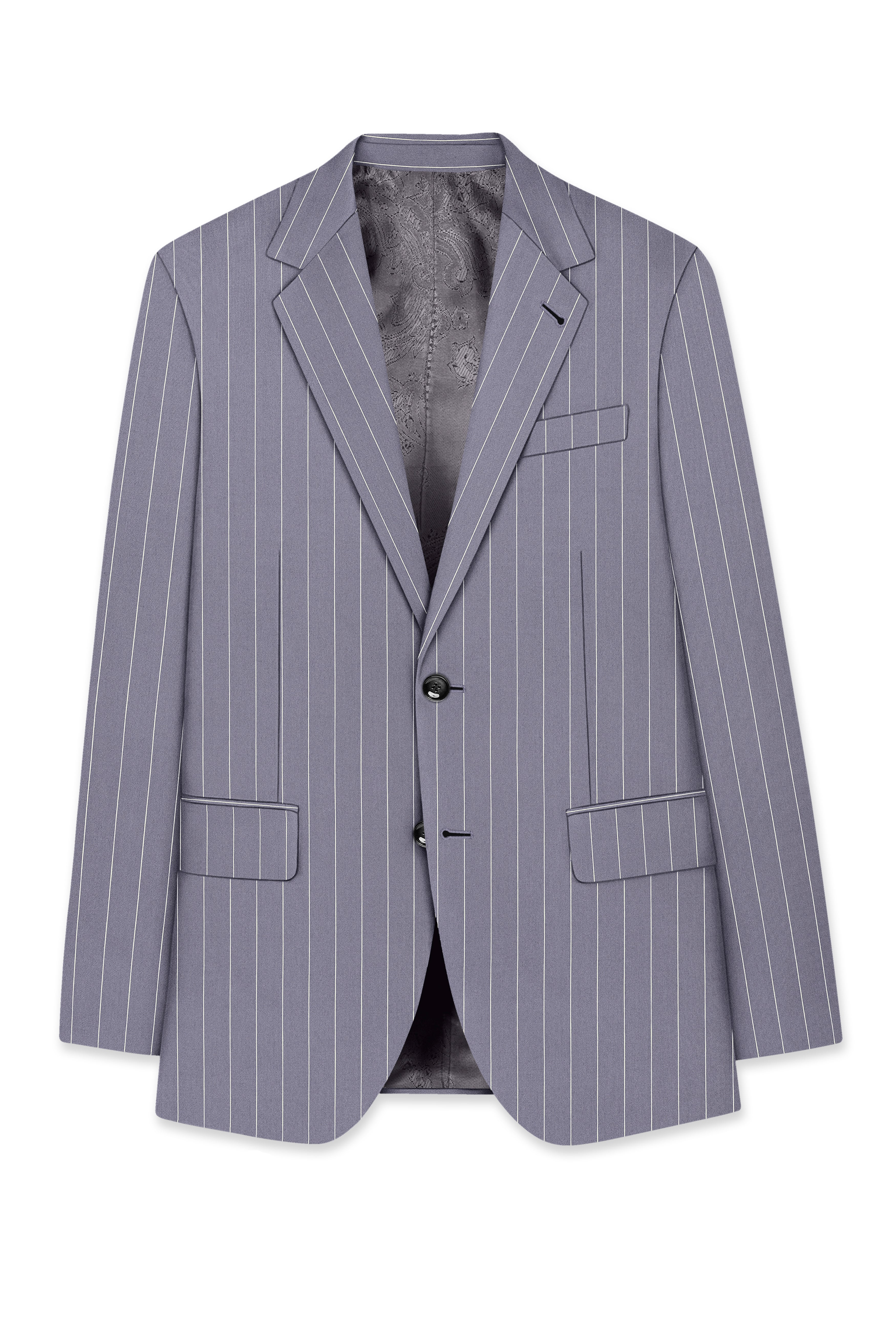 Regent-Mobster Gray And Bright White Chalk Striped Wool Rich Slight Stretch Single Breasted Suit