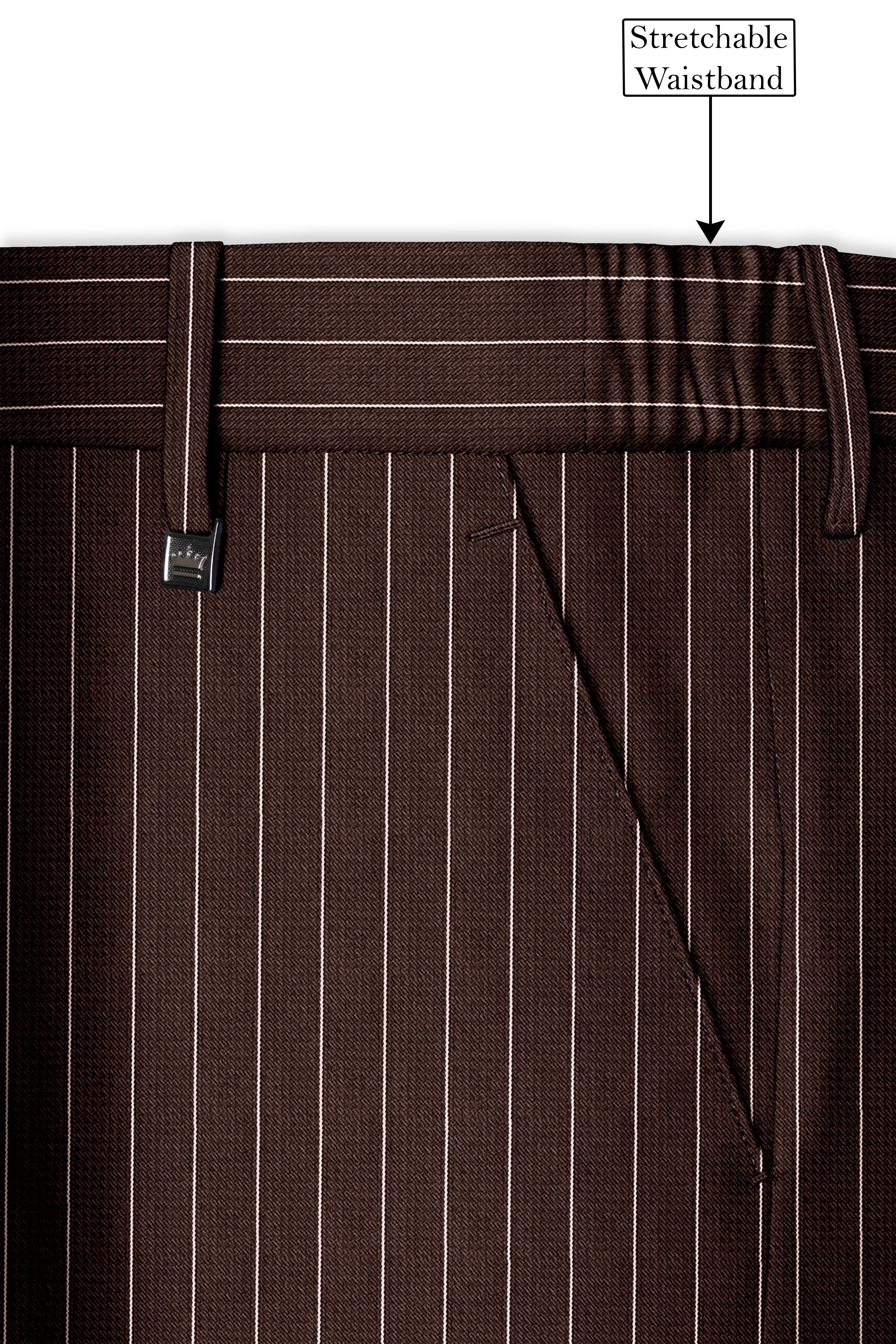 Bristol-Bistre Brown And Bright White Chalk Striped Wool Rich Slight Stretch Single Breasted Suit