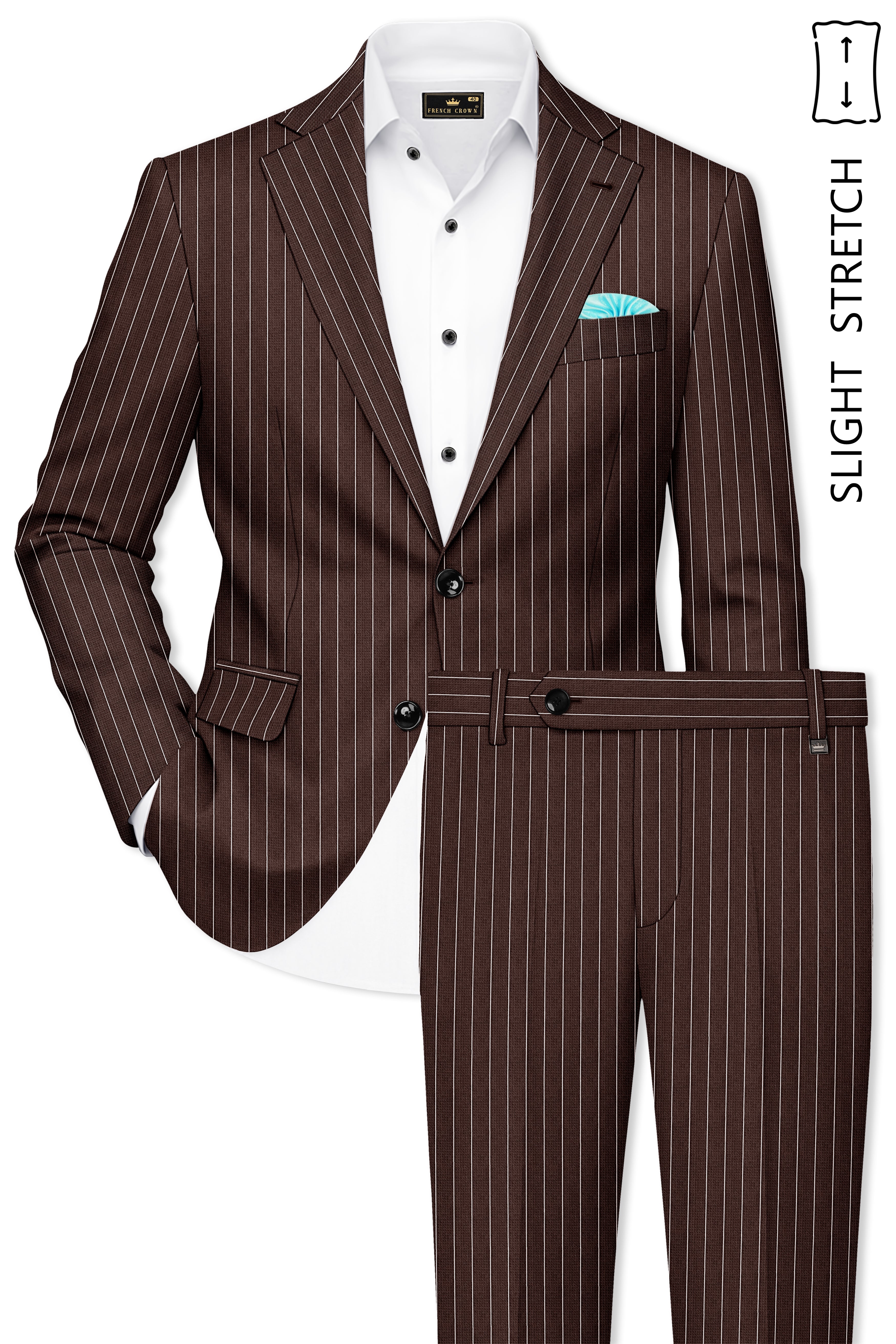 Bristol-Bistre Brown And Bright White Chalk Striped Wool Rich Slight Stretch Single Breasted Suit