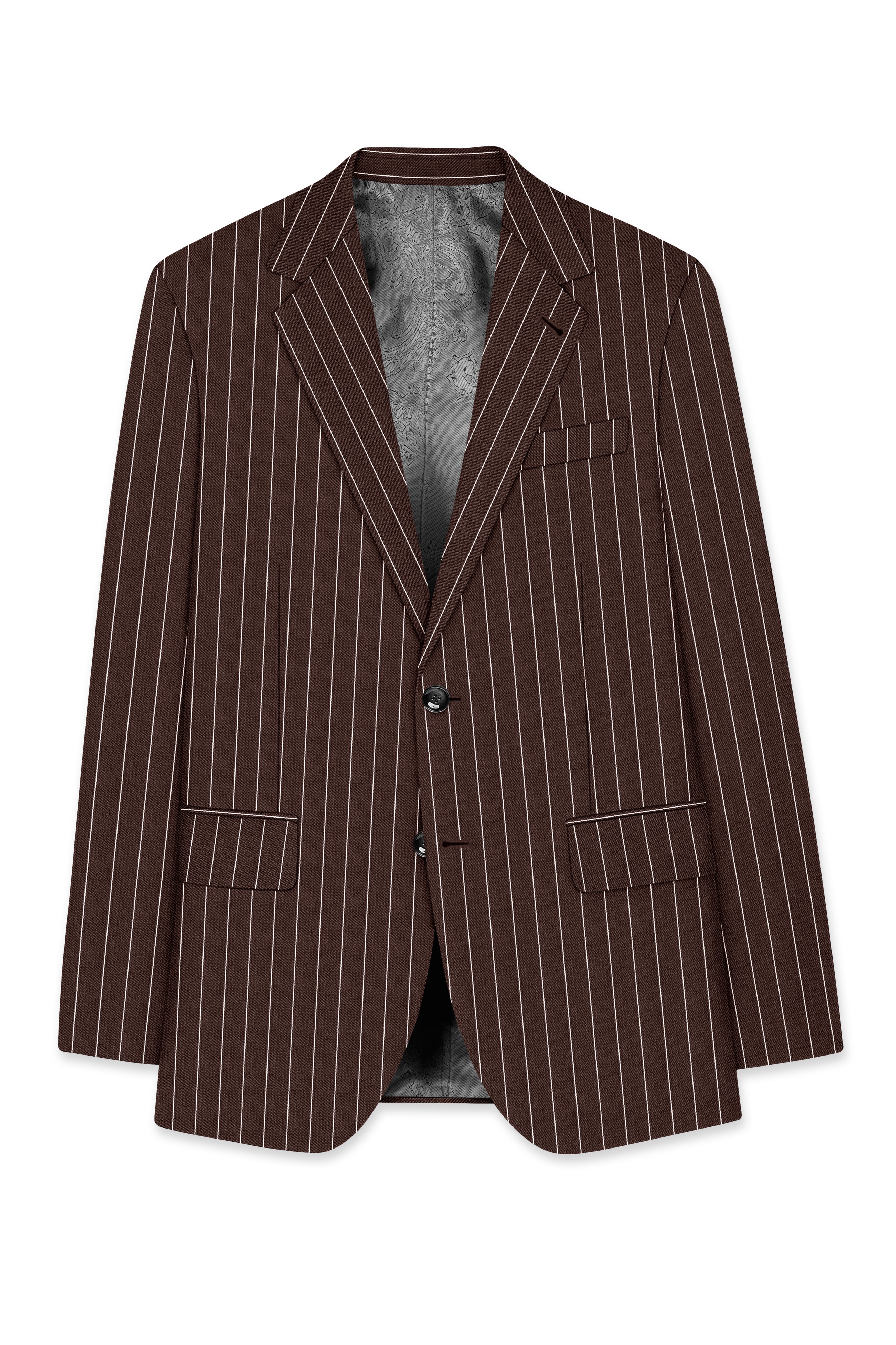 Bristol-Bistre Brown And Bright White Chalk Striped Wool Rich Slight Stretch Single Breasted Suit