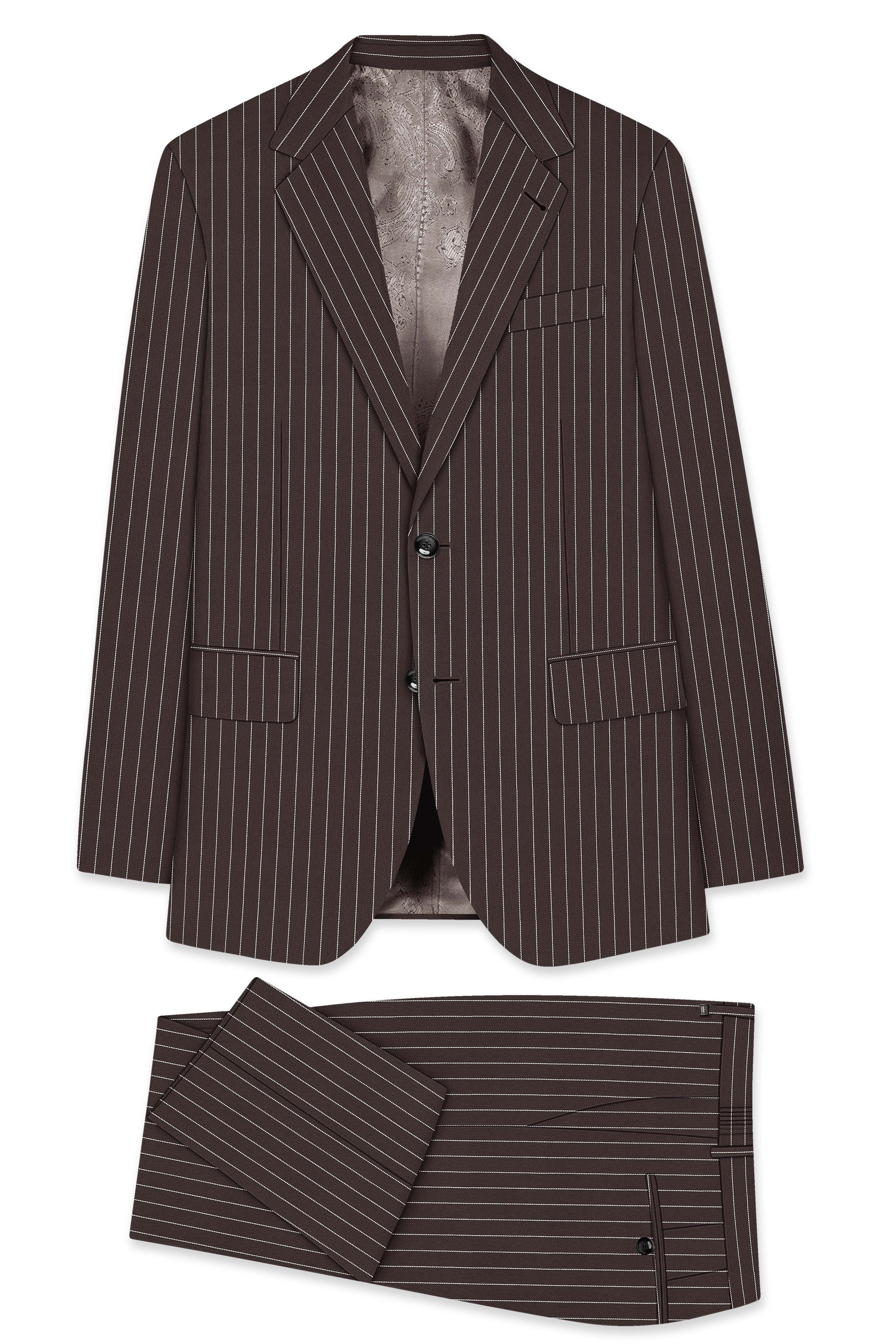 Sovereign-Umber Brown And Bright White Chalk Striped Wool Rich Slight Stretch Single Breasted Suit