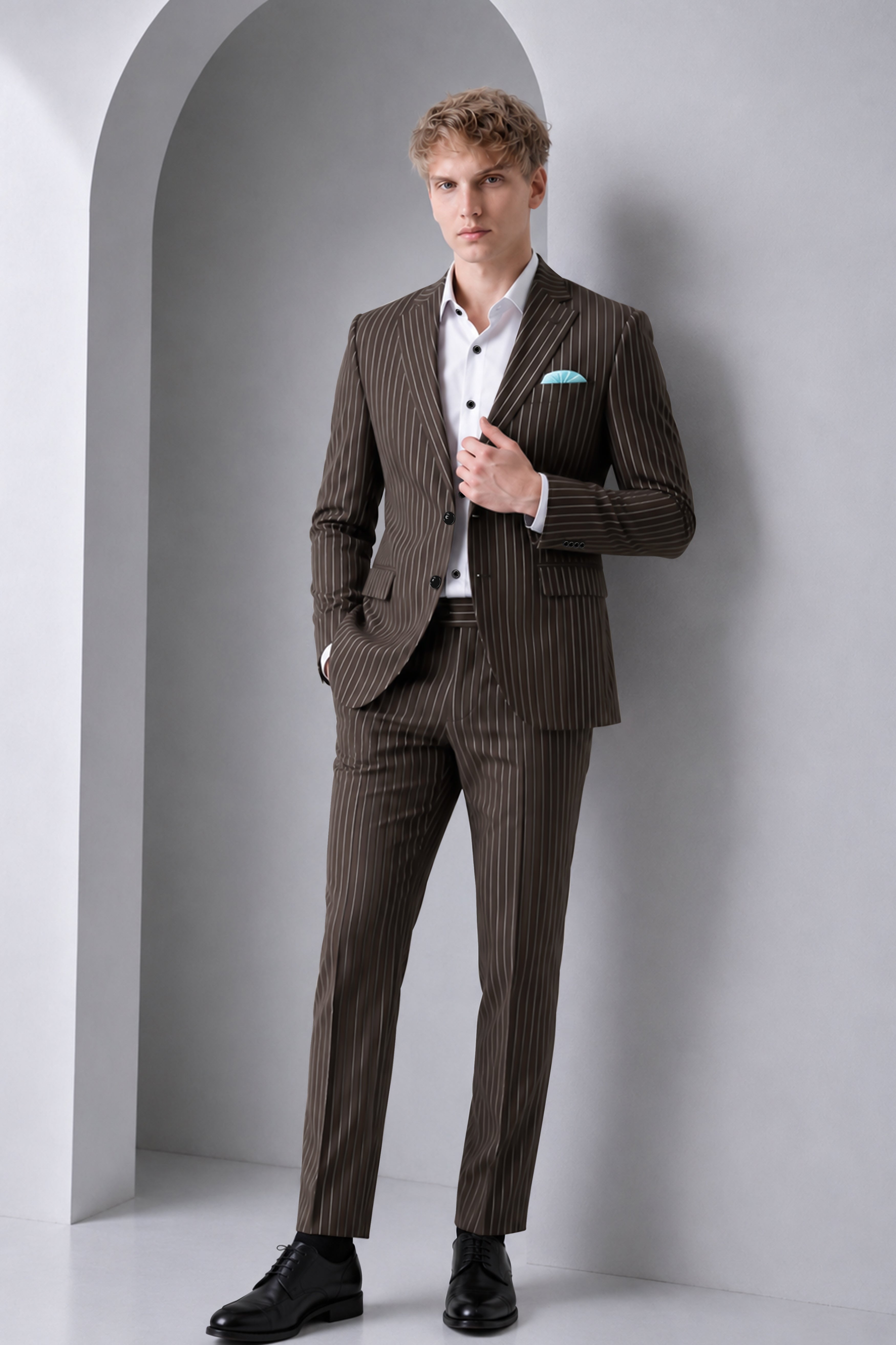 Sovereign-Umber Brown And Bright White Chalk Striped Wool Rich Slight Stretch Single Breasted Suit
