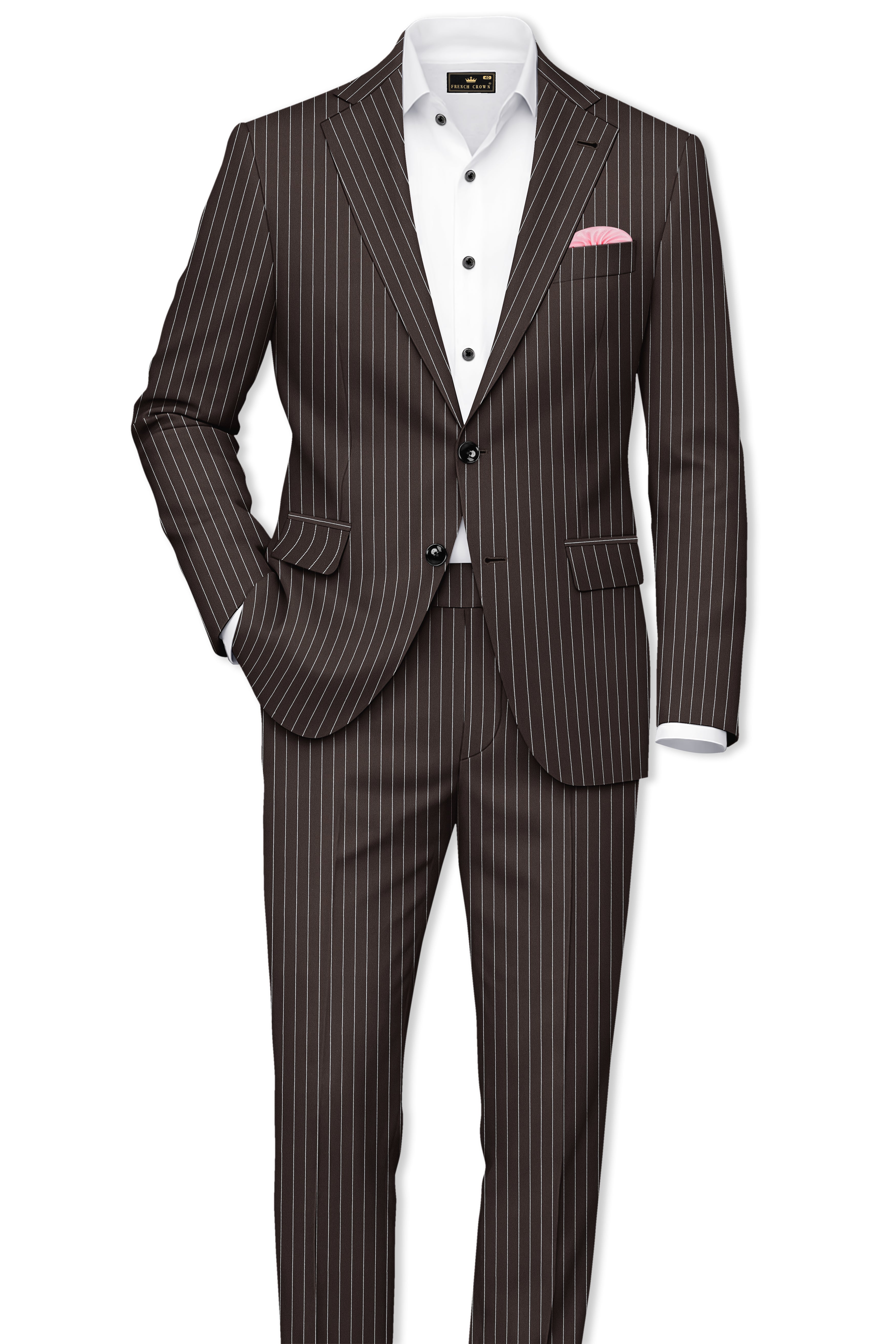 Sovereign-Umber Brown And Bright White Chalk Striped Wool Rich Slight Stretch Single Breasted Suit