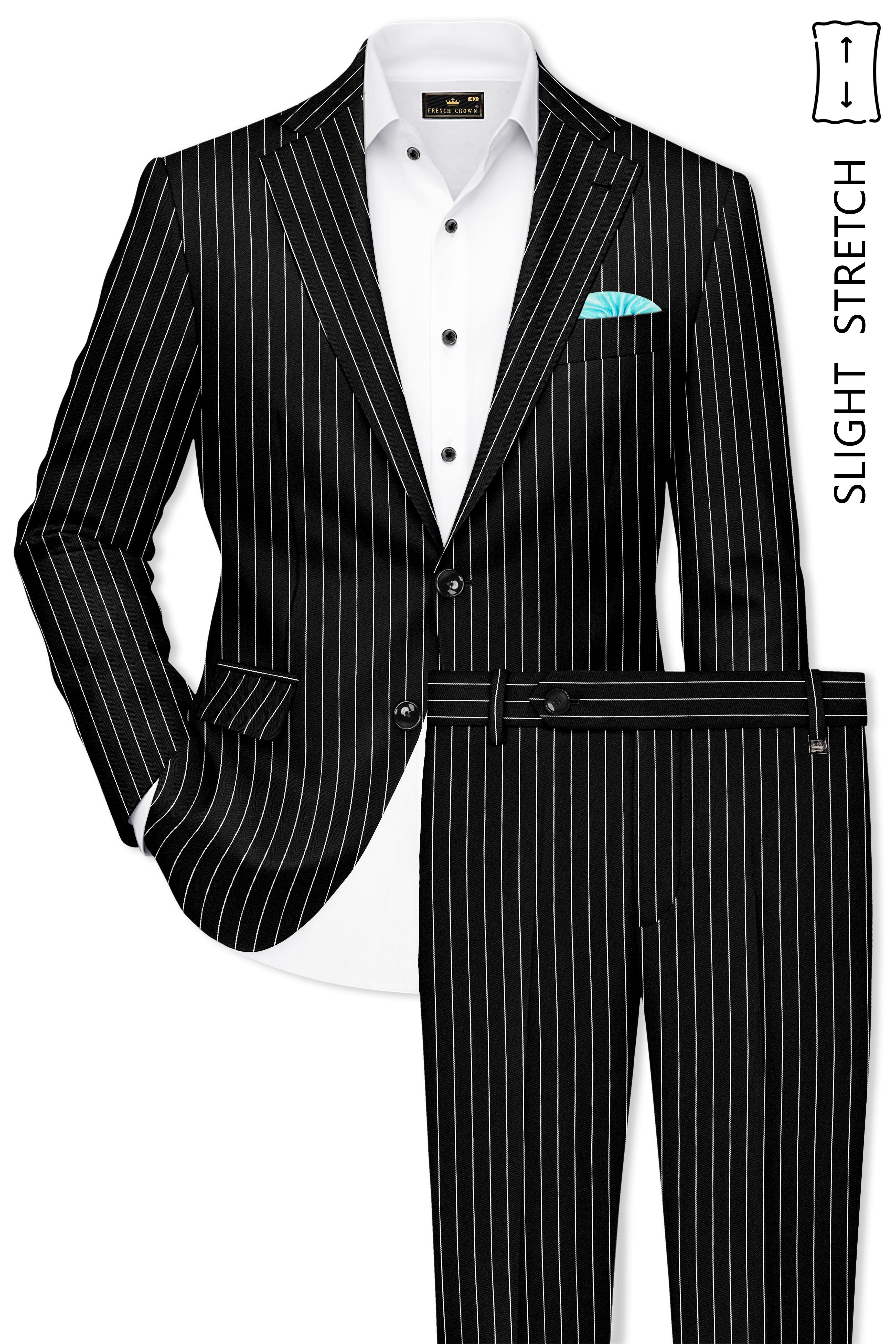 Noir-Jade Black Herringbone Striped Wool Rich Slight Stretch Single Breasted Suit