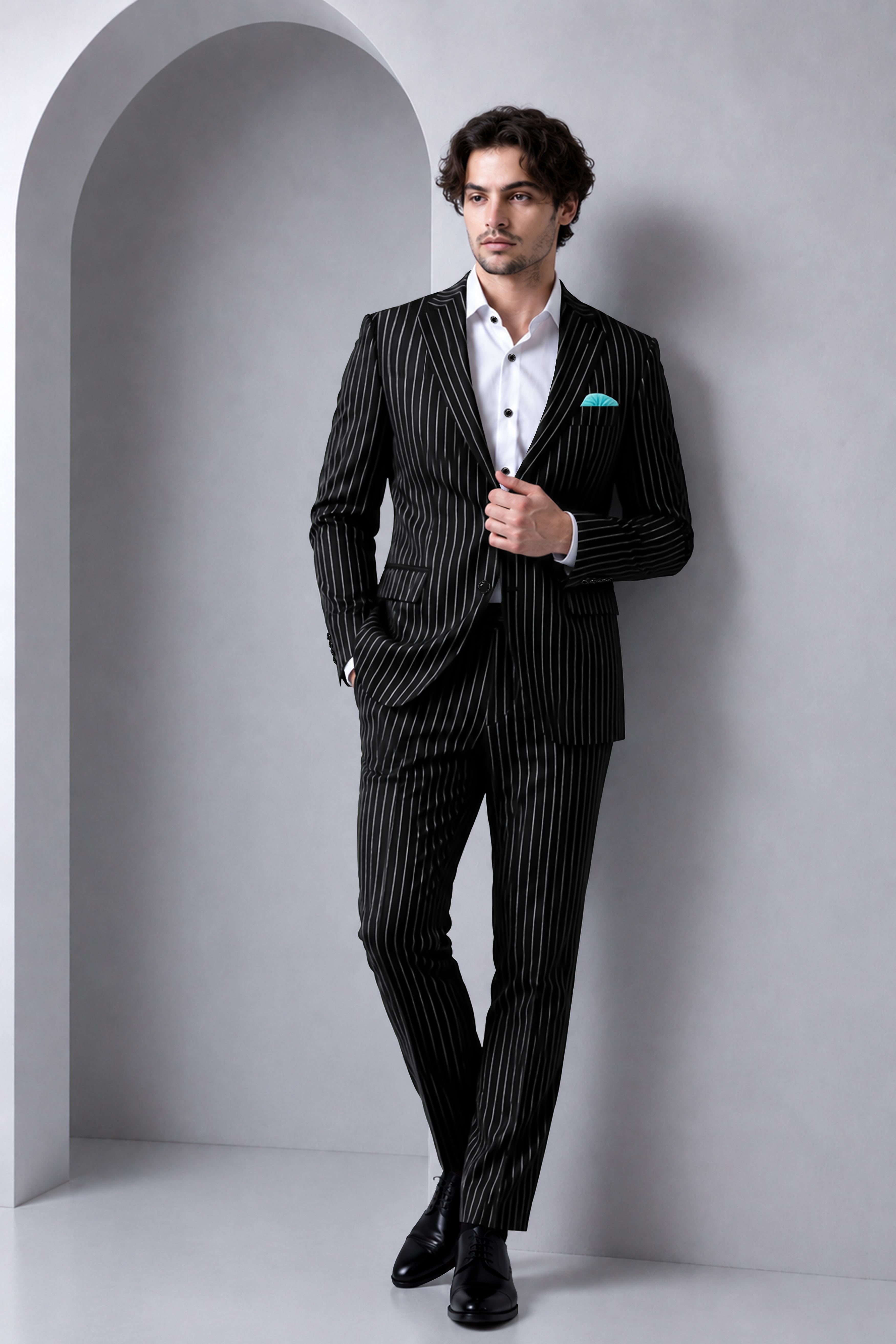 Noir-Jade Black Herringbone Striped Wool Rich Slight Stretch Single Breasted Suit