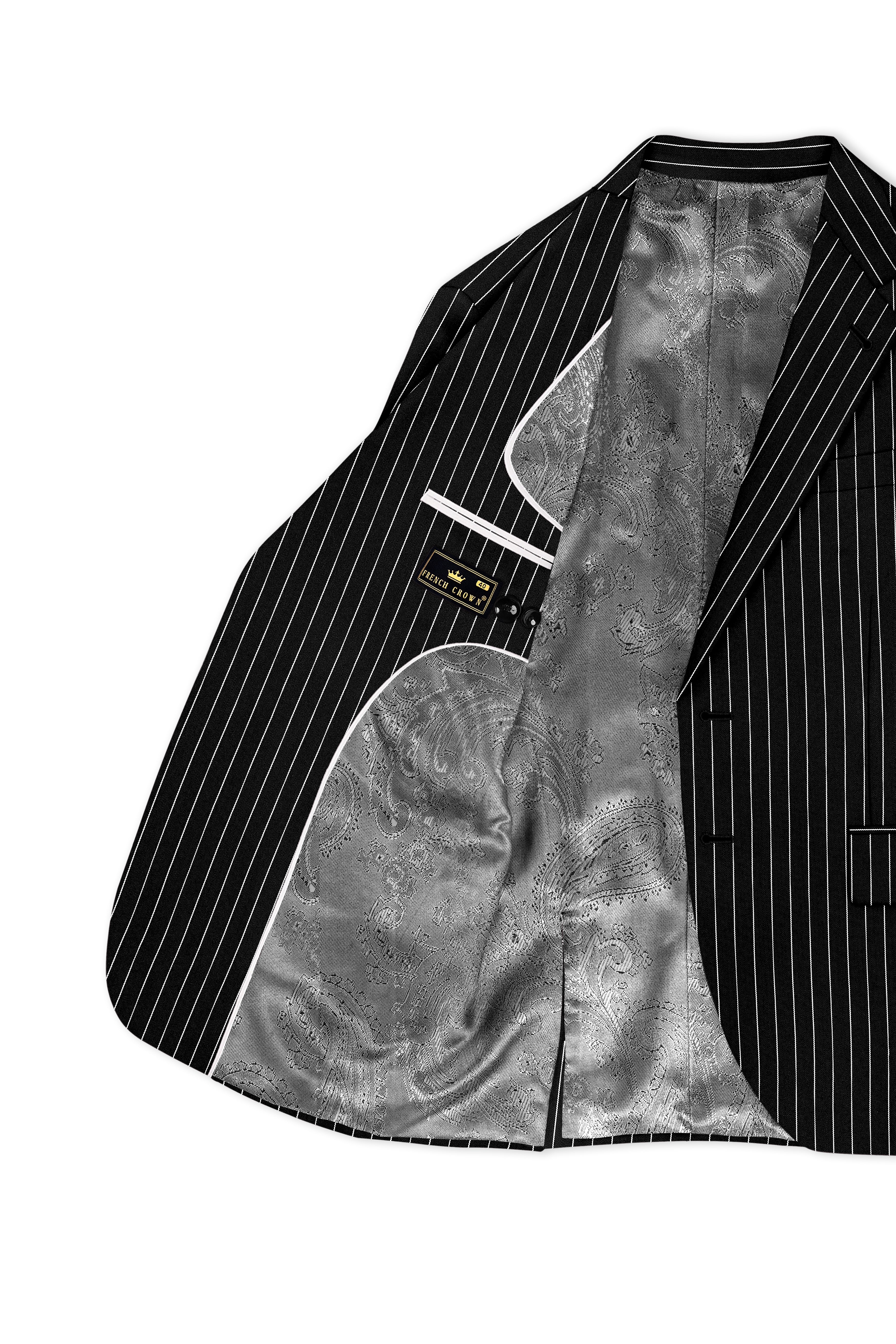 Noir-Jade Black Herringbone Striped Wool Rich Slight Stretch Single Breasted Suit