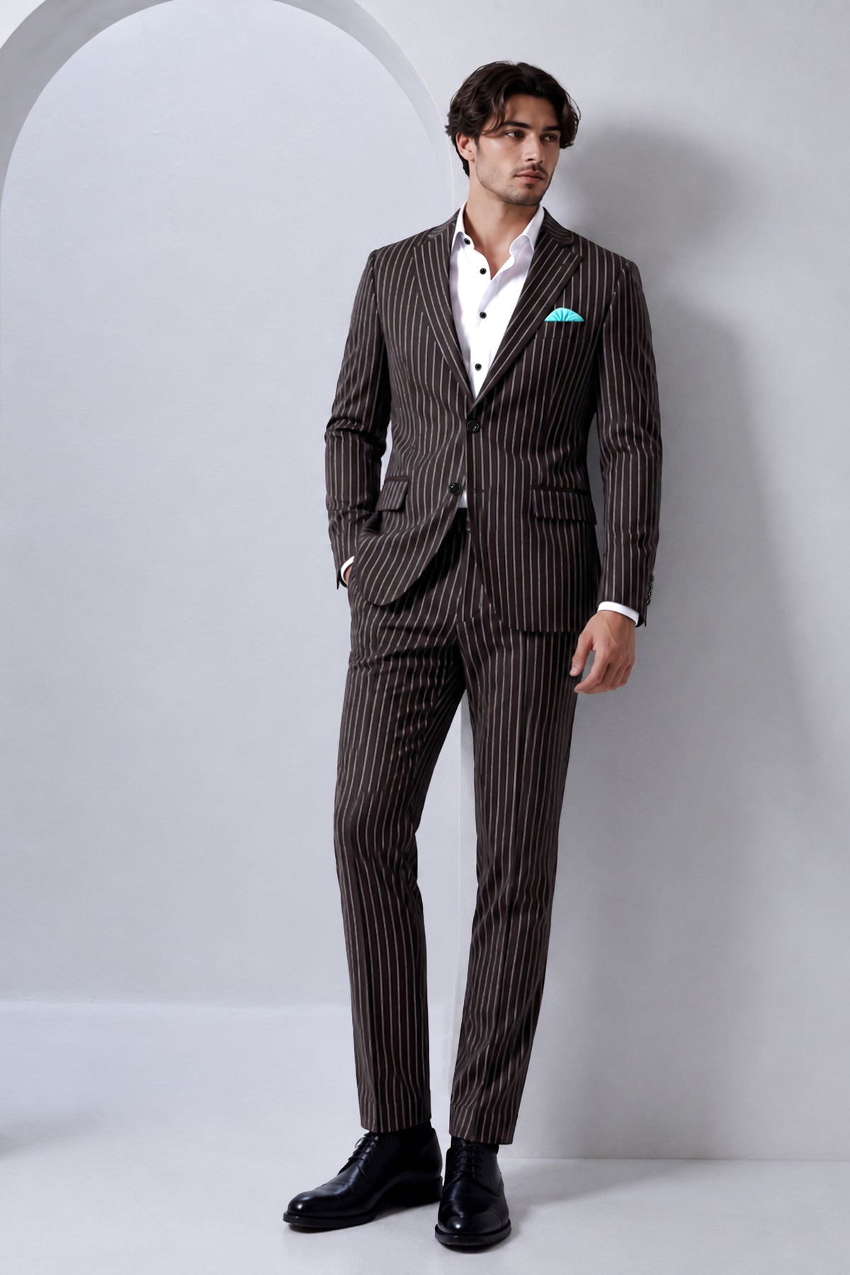 Volt-Thunder Brown Herringbone Striped Wool Rich Slight Stretch Single Breasted Suit