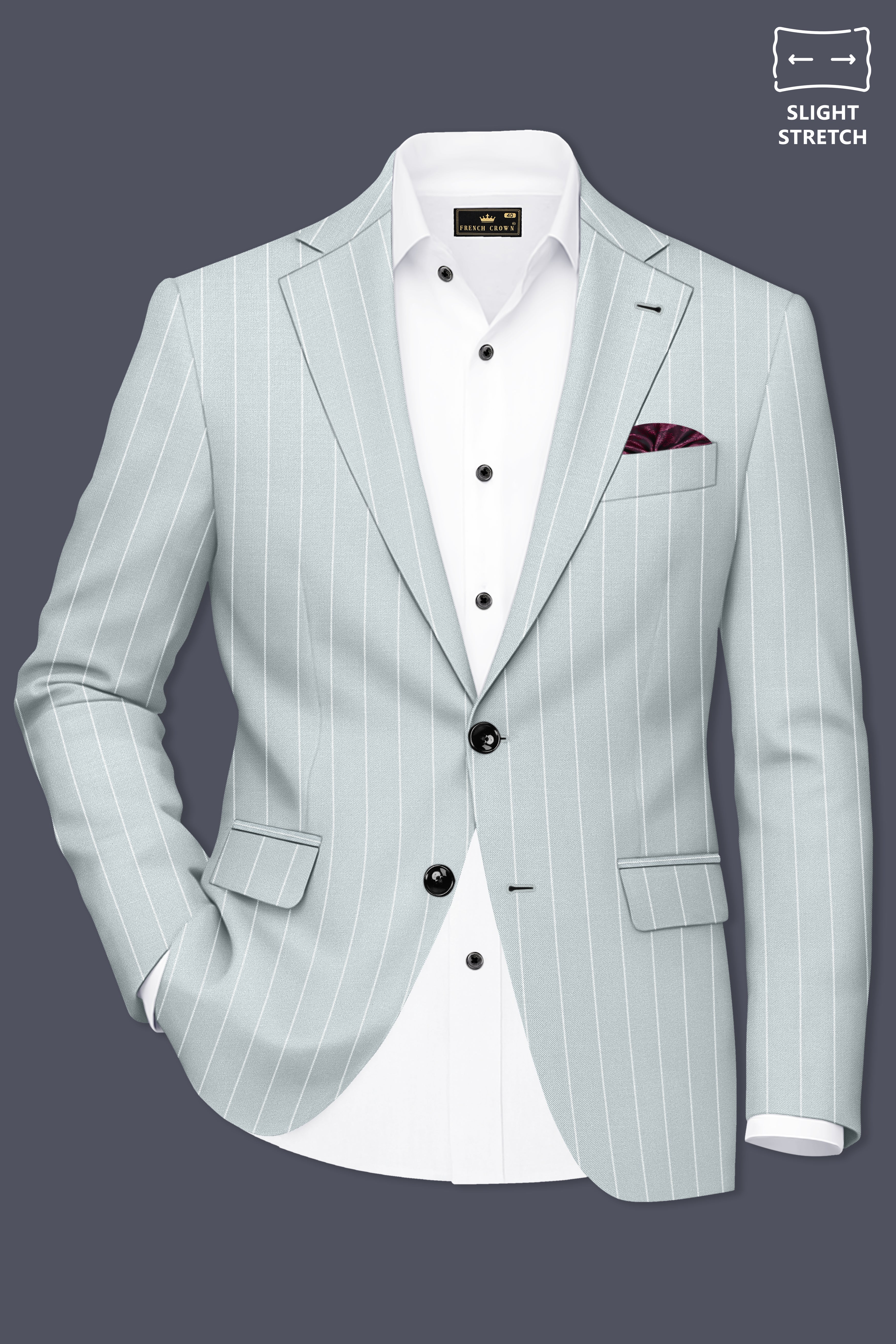 Slate-Tiara Gray And Bright White Chalk Striped Wool Rich Slight Stretch Single Breasted Suit