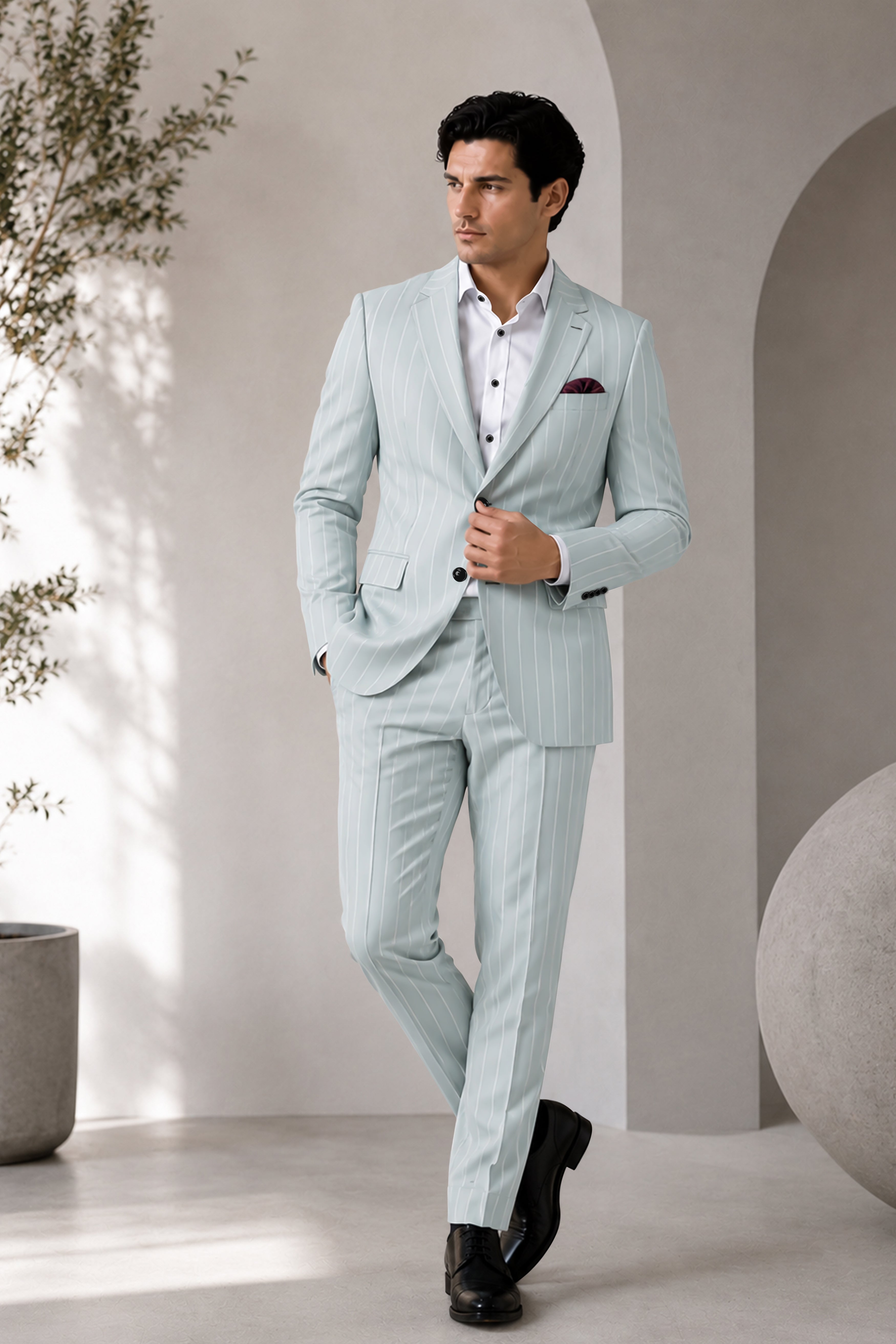 Slate-Tiara Gray And Bright White Chalk Striped Wool Rich Slight Stretch Single Breasted Suit