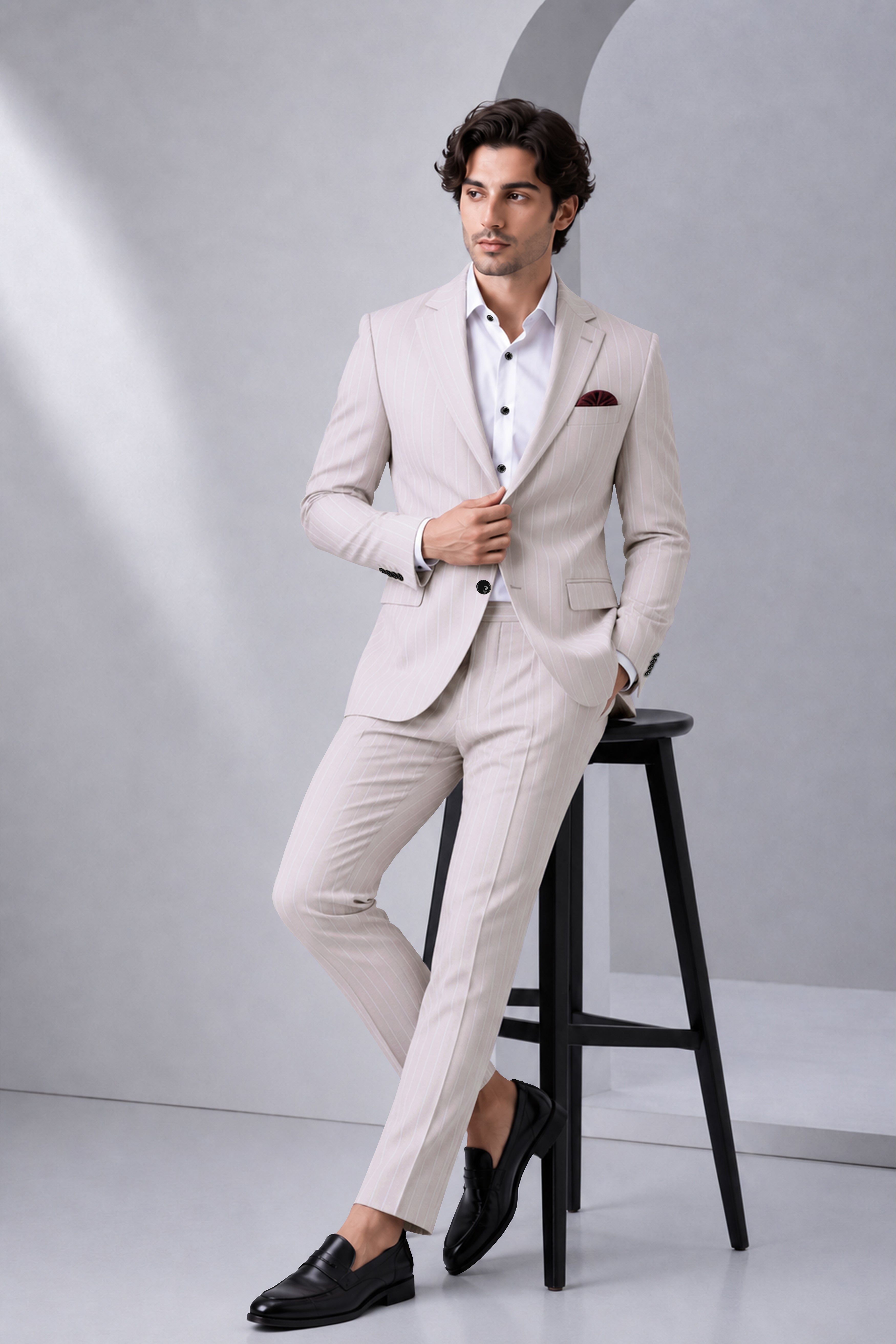 Roselle-Thistle Pink And Bright White Chalk Striped Wool Rich Slight Stretch Single Breasted Suit