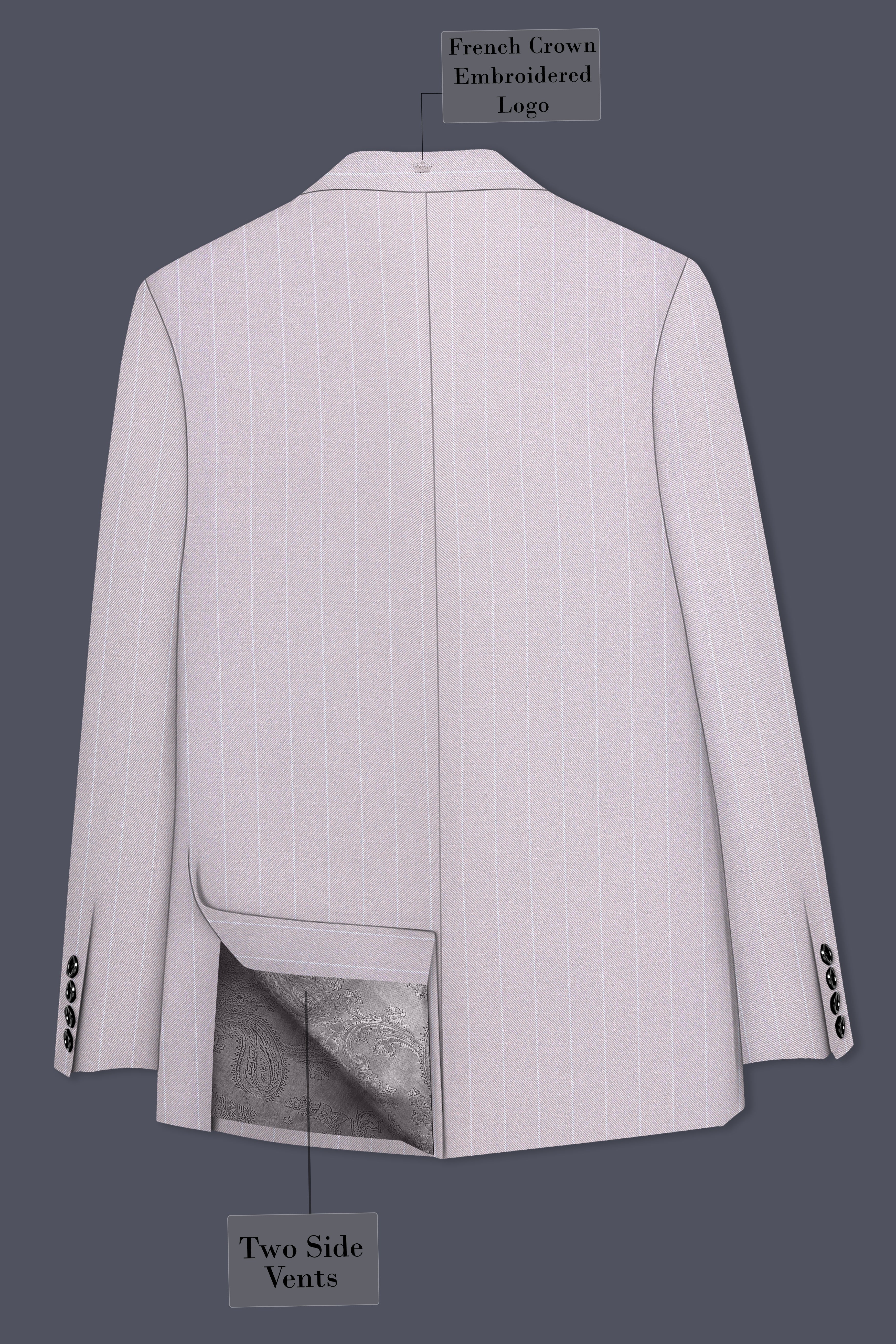 Roselle-Thistle Pink And Bright White Chalk Striped Wool Rich Slight Stretch Single Breasted Suit