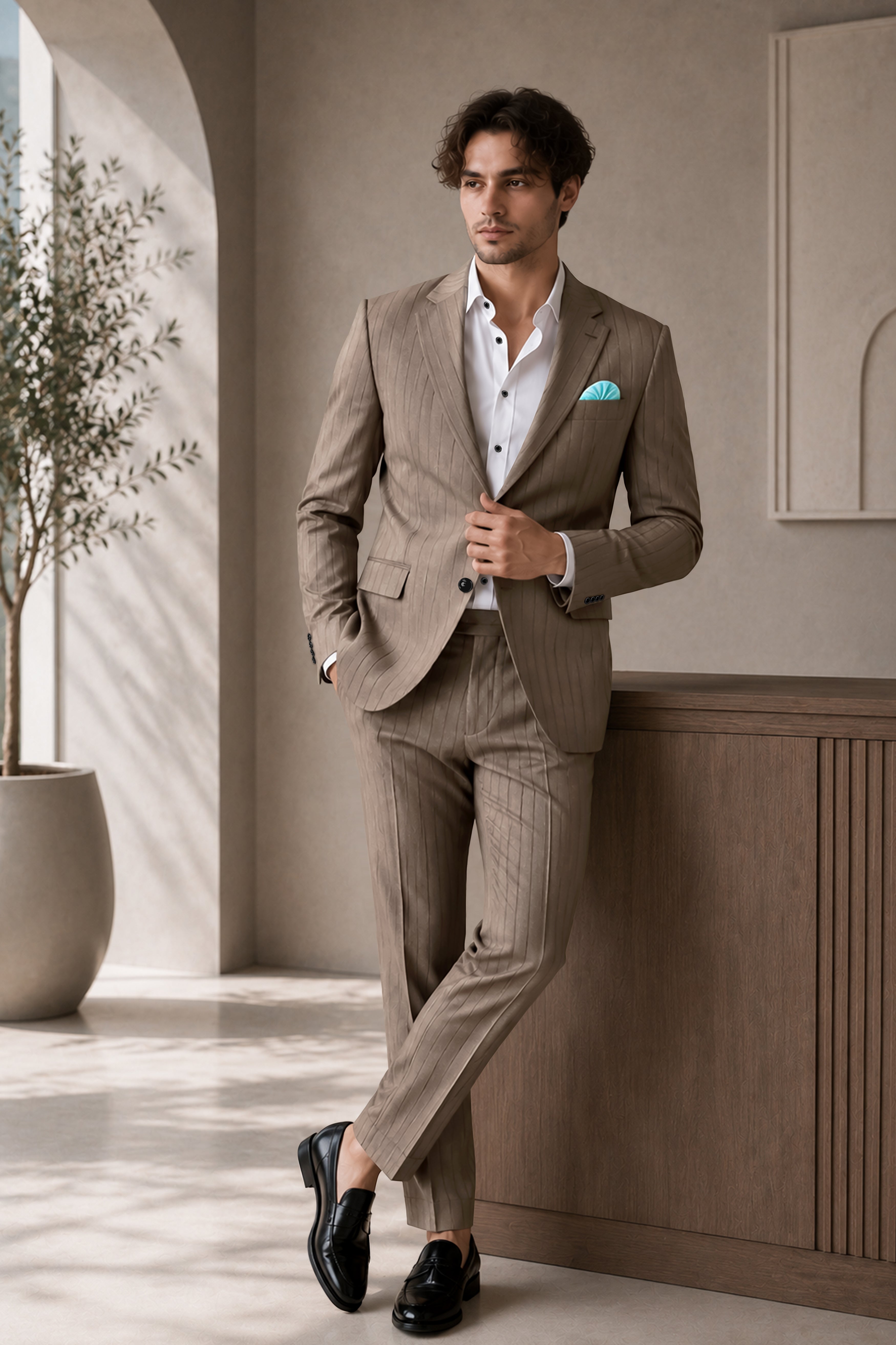 Obsidian-Fuscous Brown And Jade Black Chalk Striped Wool Rich Slight Stretch Single Breasted Suit
