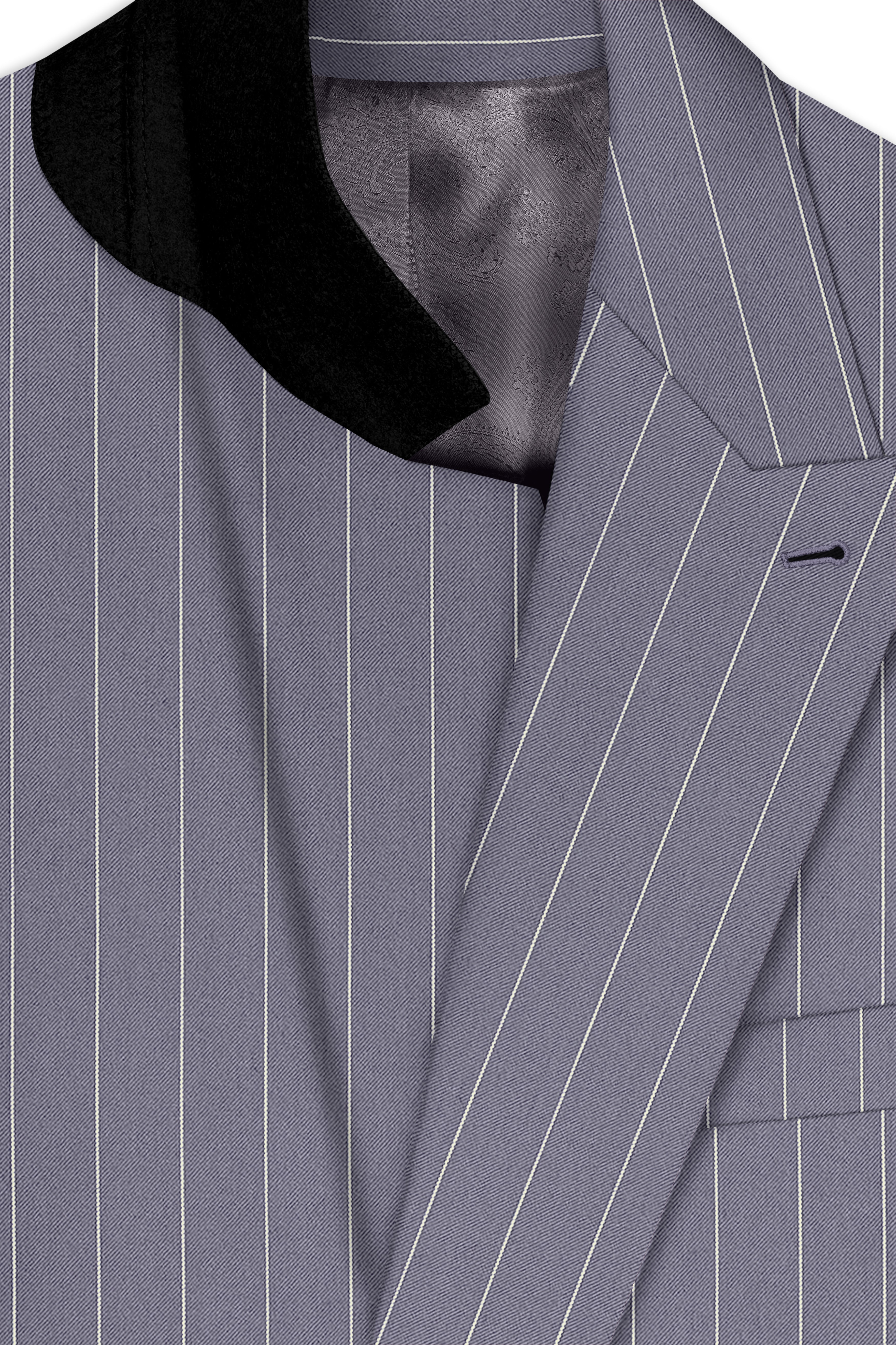 Regent-Mobster Gray And Bright White Chalk Striped Wool Rich Slight Stretch Double Breasted Suit