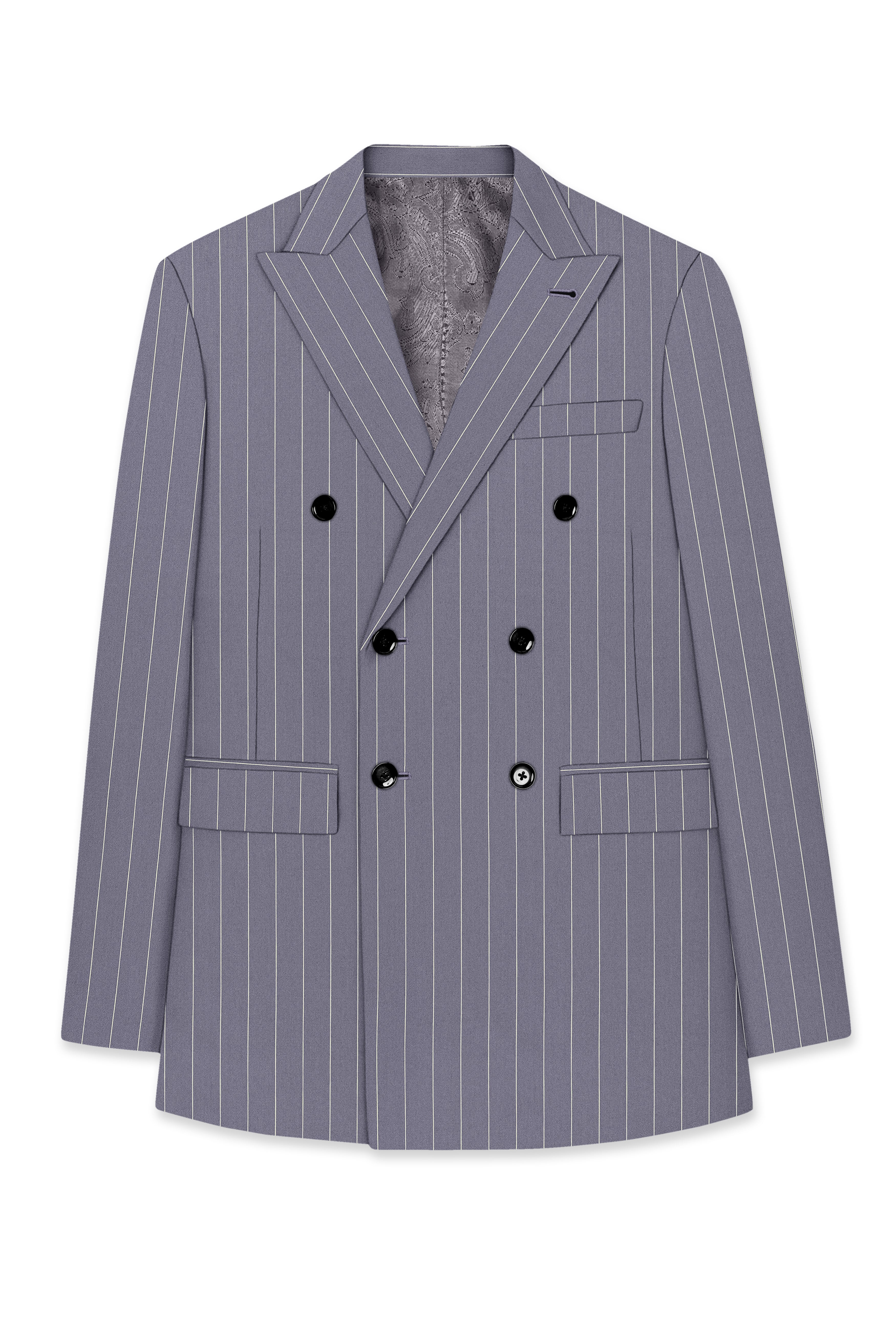 Regent-Mobster Gray And Bright White Chalk Striped Wool Rich Slight Stretch Double Breasted Suit